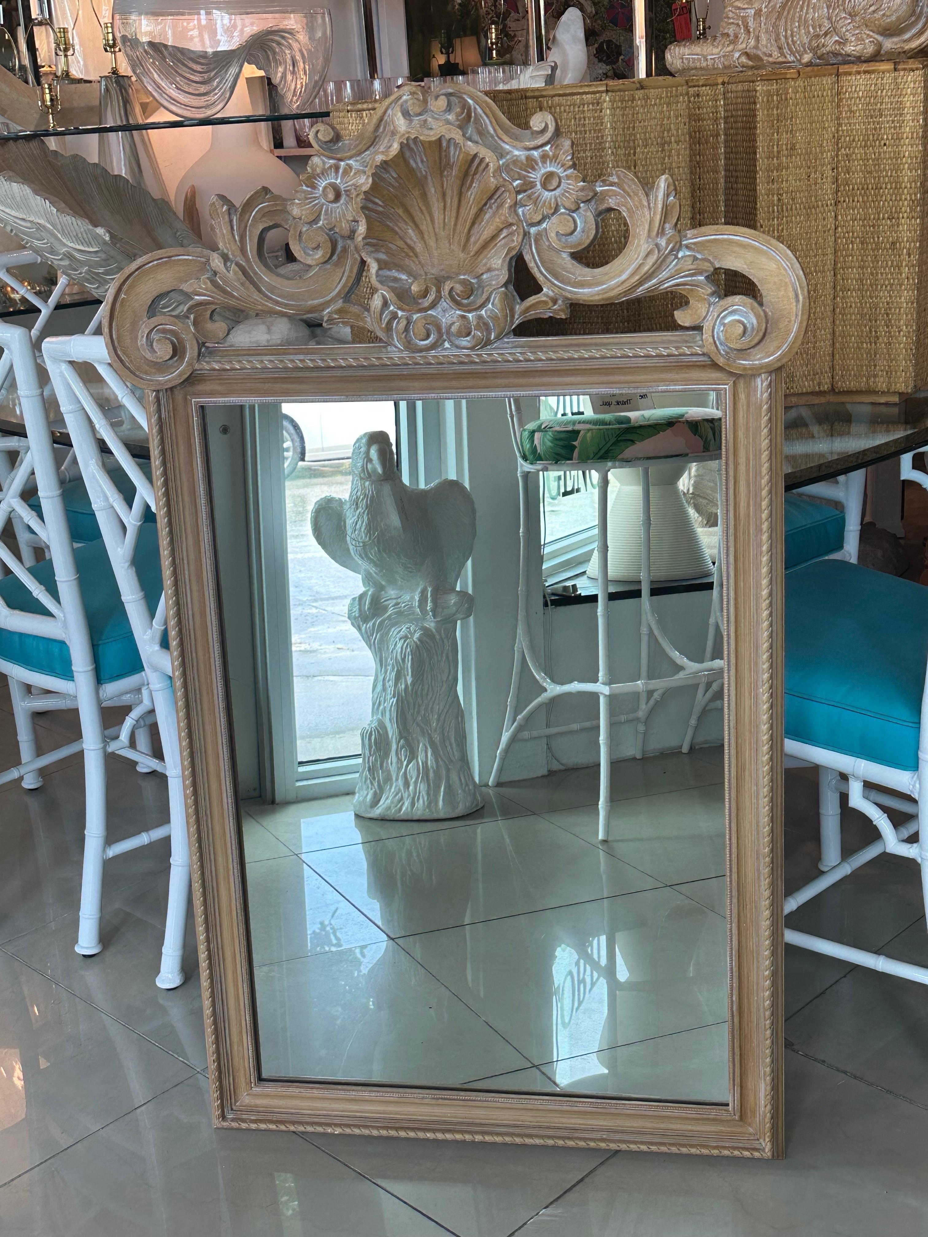 Late 20th Century Vintage Italian Wood Carved Shell Seashell Palm Beach Wall Mirror For Sale