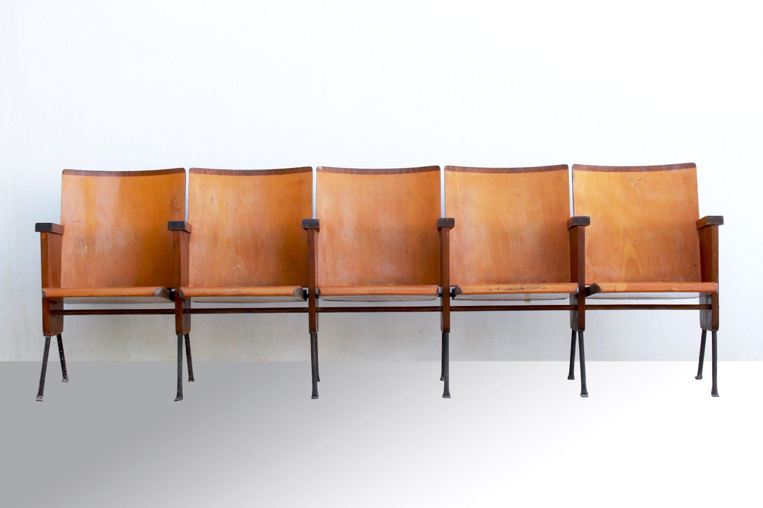 Mid-Century Modern Vintage Italian Wood Cinema Bench, 1950s Set of 5