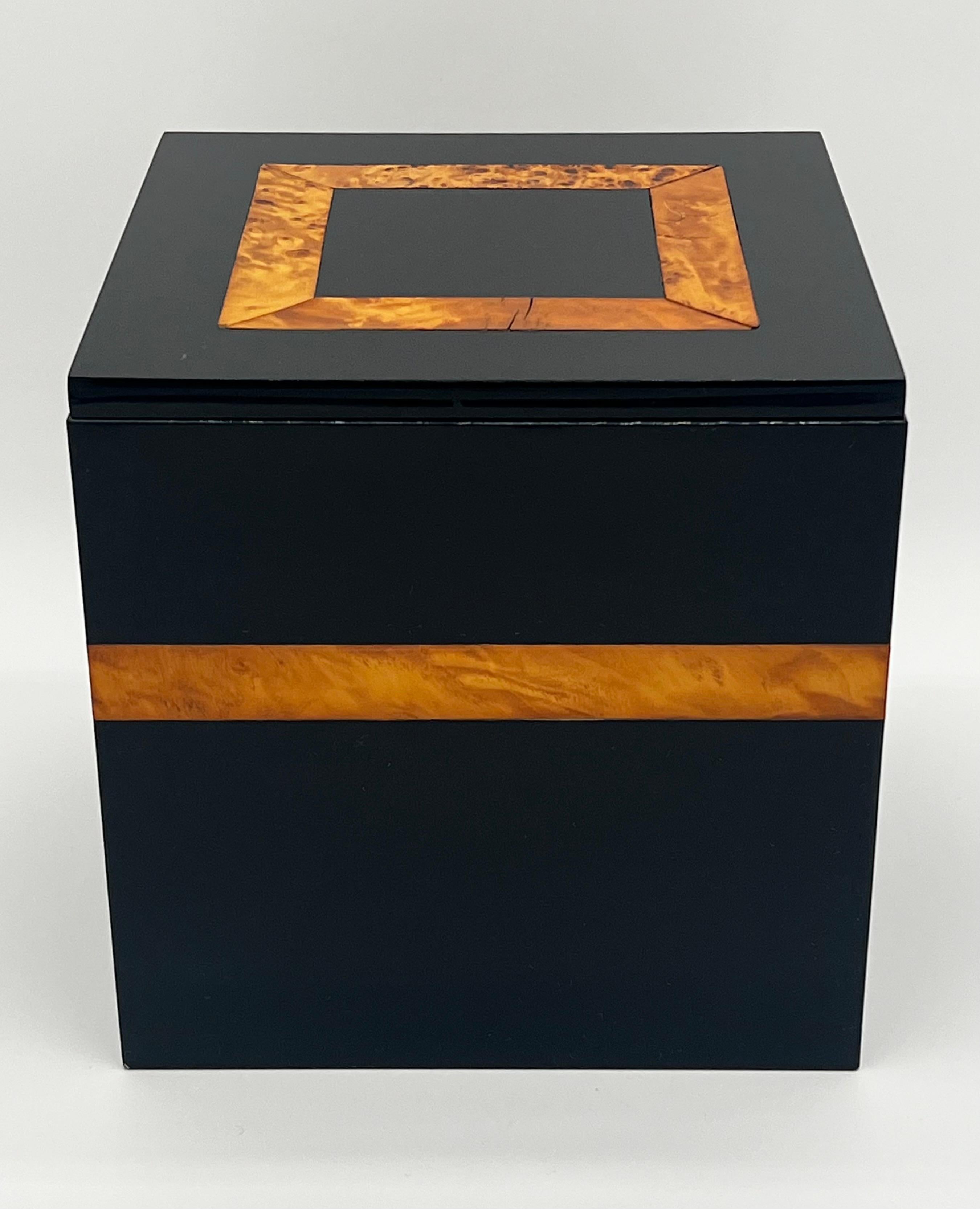 Vintage Italian Wood Inlaid Black Acrylic Lacquered Art Deco Ice Box.  Black acrylic with Burlwood inlay.  Overall excellent condition.  Age appropriate wear.  Makers mark on bottom. Measures approximately 7 7/8