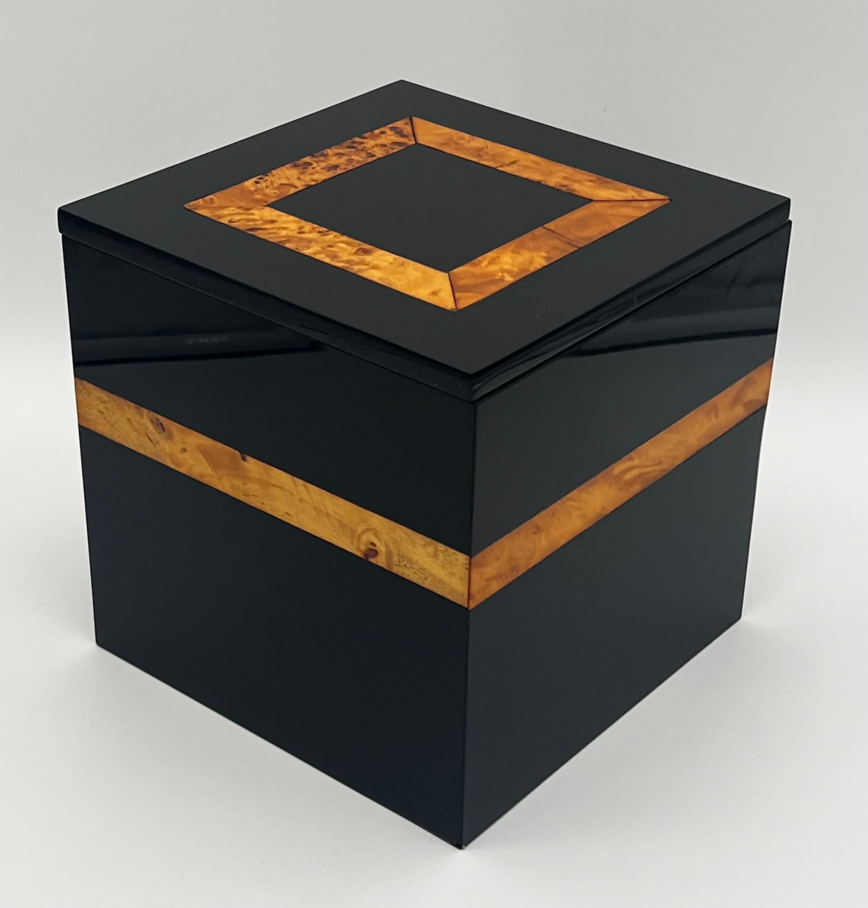Hand-Crafted Vintage Italian Wood Inlaid Black Acrylic Lacquered Art Deco Ice Box