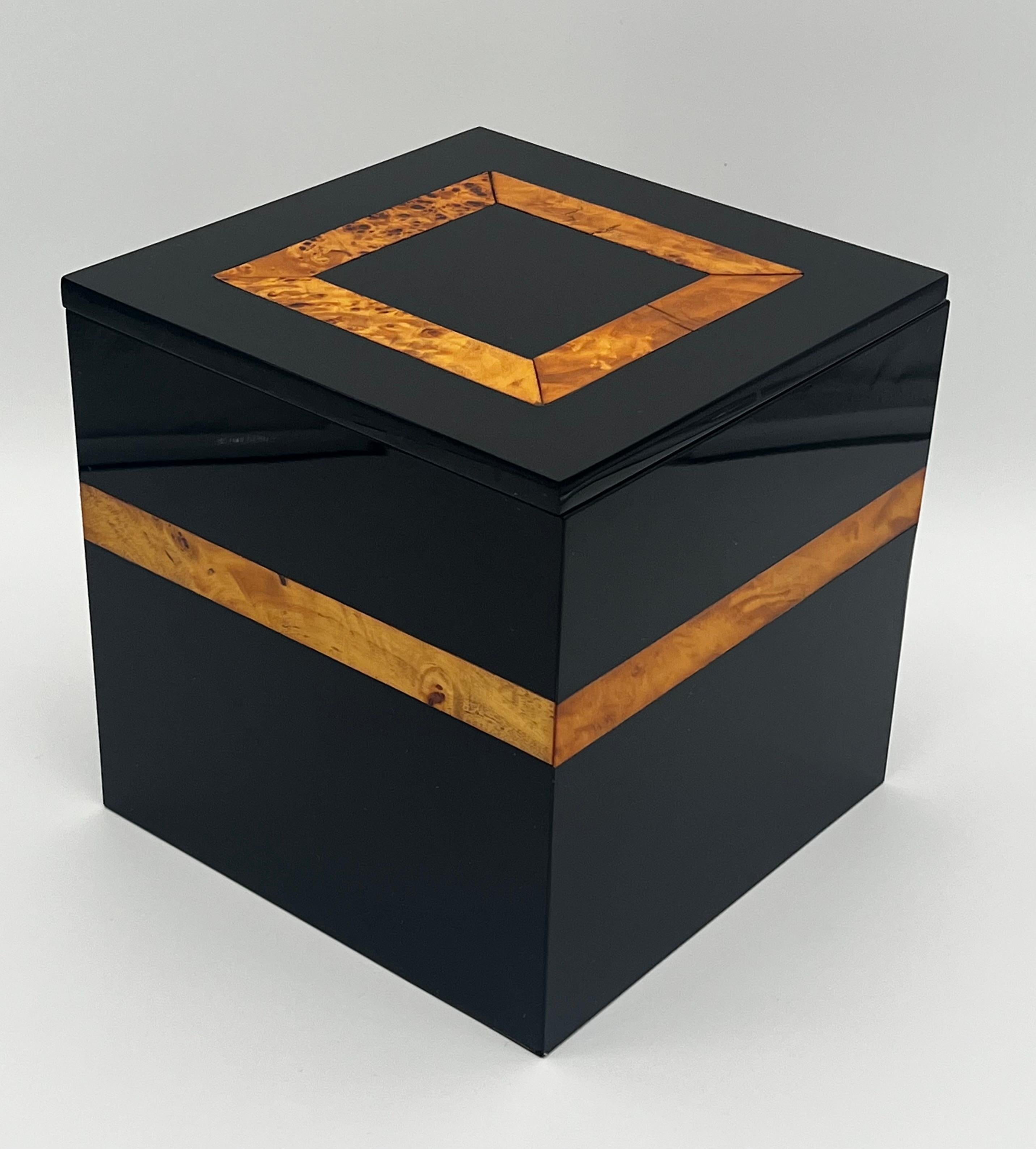 20th Century Vintage Italian Wood Inlaid Black Acrylic Lacquered Art Deco Ice Box