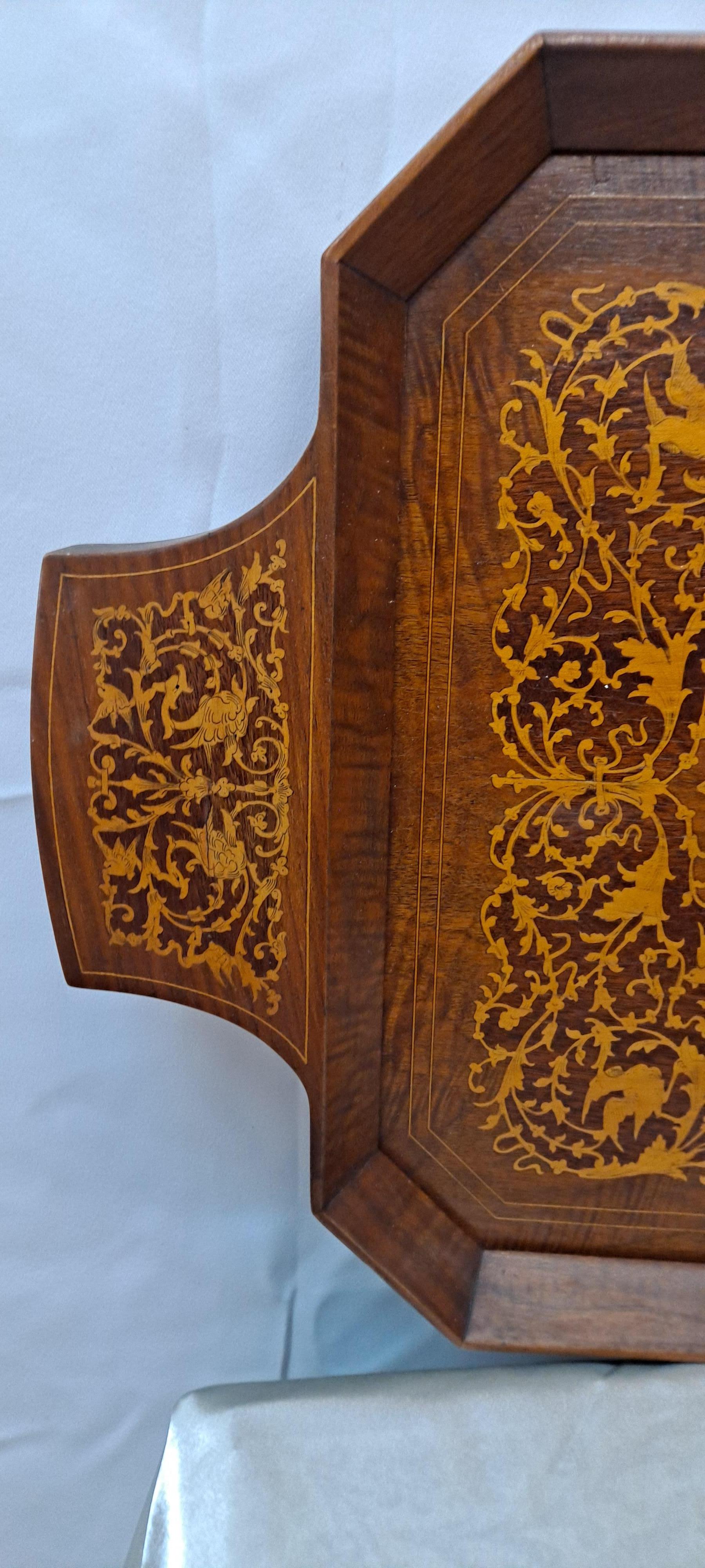 20th Century Vintage Italian Wood Inlay Tray w/Music box For Sale