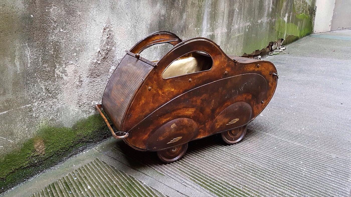 Wood Mid-20th Century, Italian metal car shaped Baby Pram by 'Giordani', 1942 For Sale