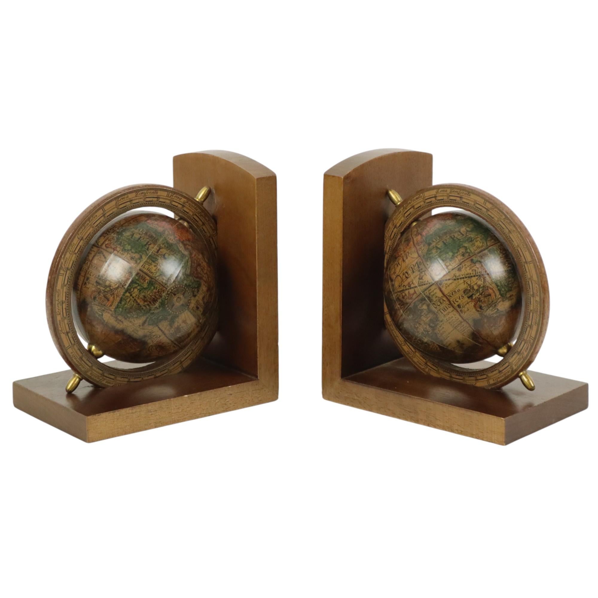 Vintage Italian Wooden Globe Bookends Mercurio D’oro