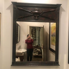 Vintage Italian Wooden Mirror with Urn, Arrow, Column Motifs in Oxidized Silver