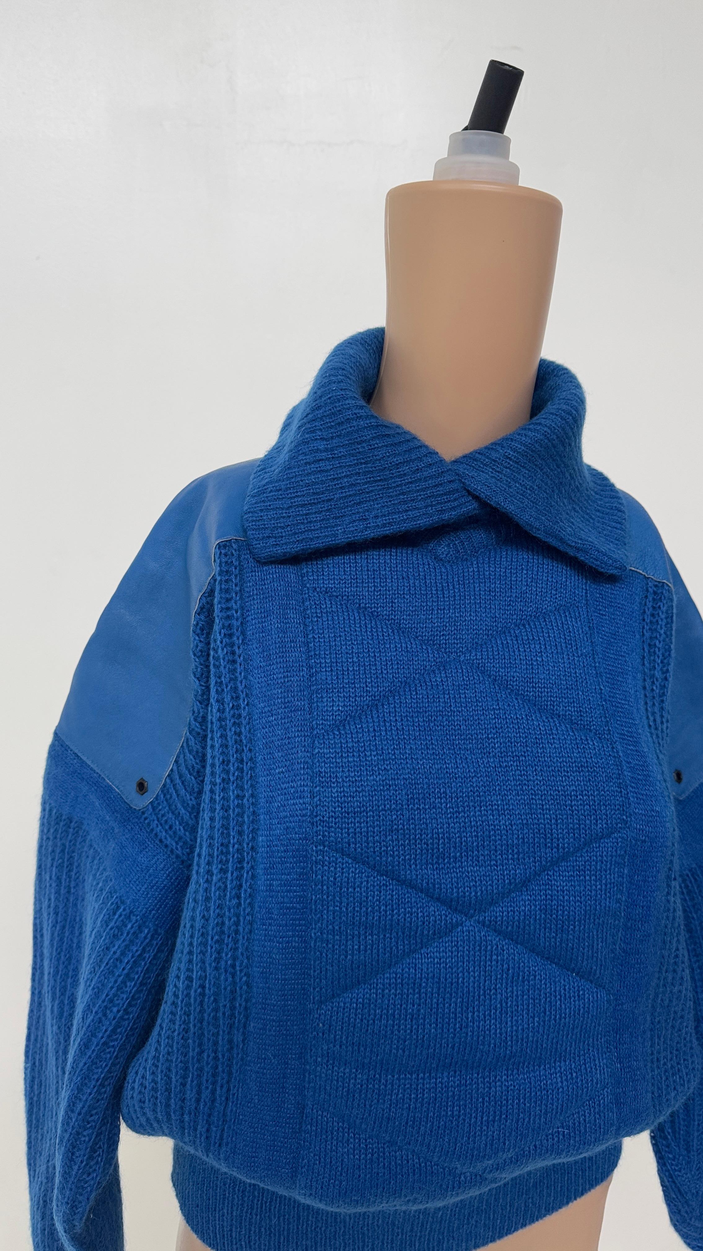 Purple Vintage Italian Wool Sweater with Quilted Panel and Leather Shoulder Inserts For Sale
