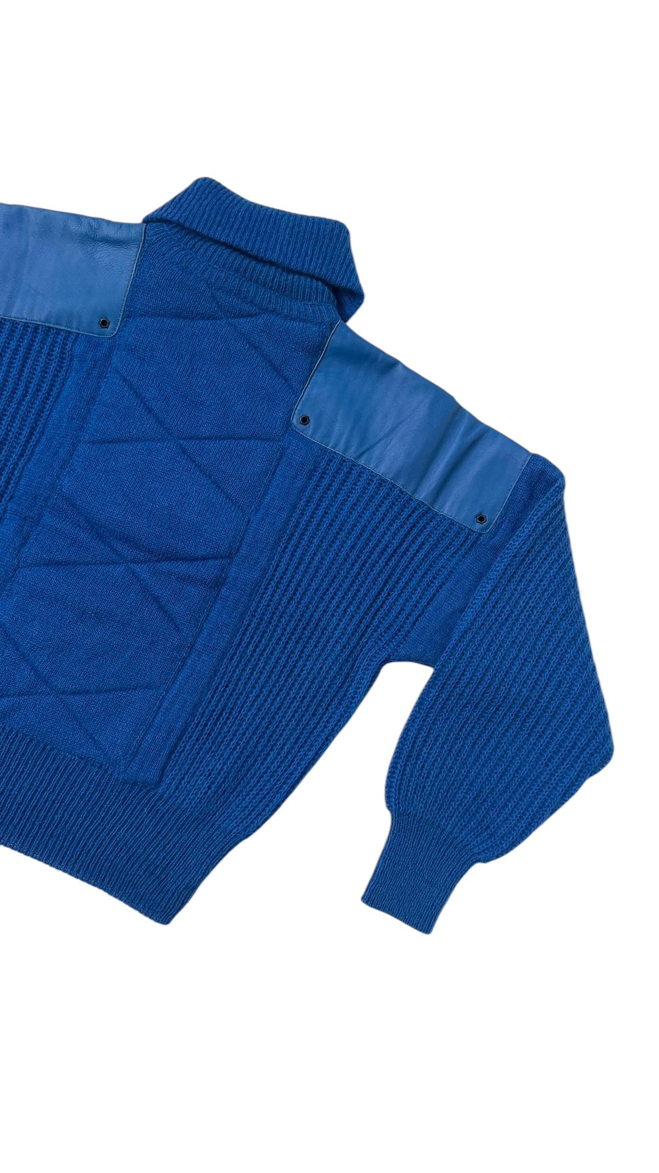 Vintage Italian Wool Sweater with Quilted Panel and Leather Shoulder Inserts For Sale 1