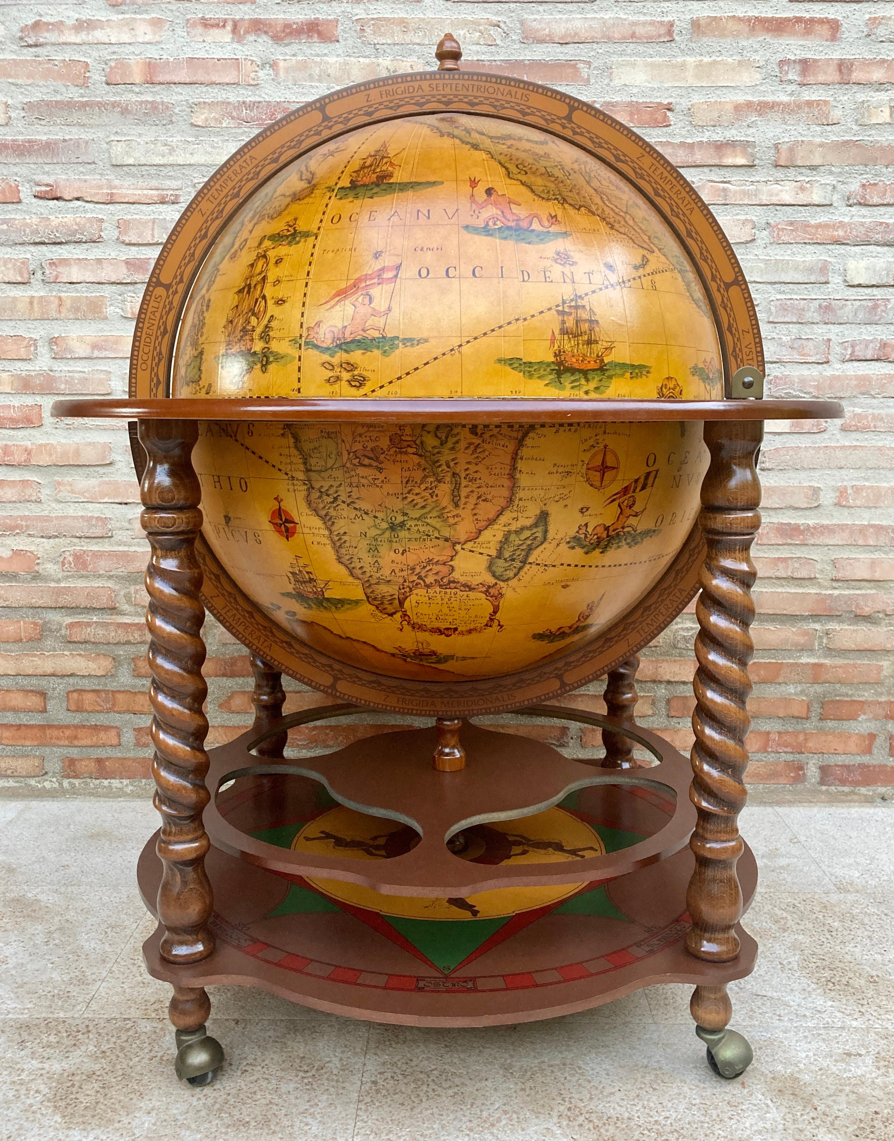 This vintage 1960s Italian dry bar is perfect for adding a touch of classic European flair to your home. The globe design is made of wood, giving it an authentic and timeless look. The wood is finished with a rich walnut stain, bringing out the