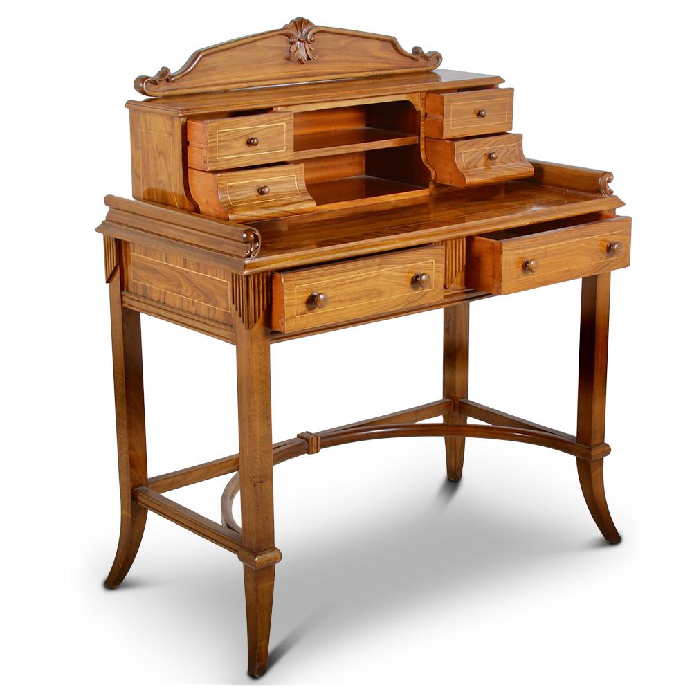 A mid-20th century Italian inlaid walnut writing desk on elegant splayed legs with demi-lune stretcher base, and fitted with two larger drawers beneath the writing surface and four smaller drawers to the upper back.