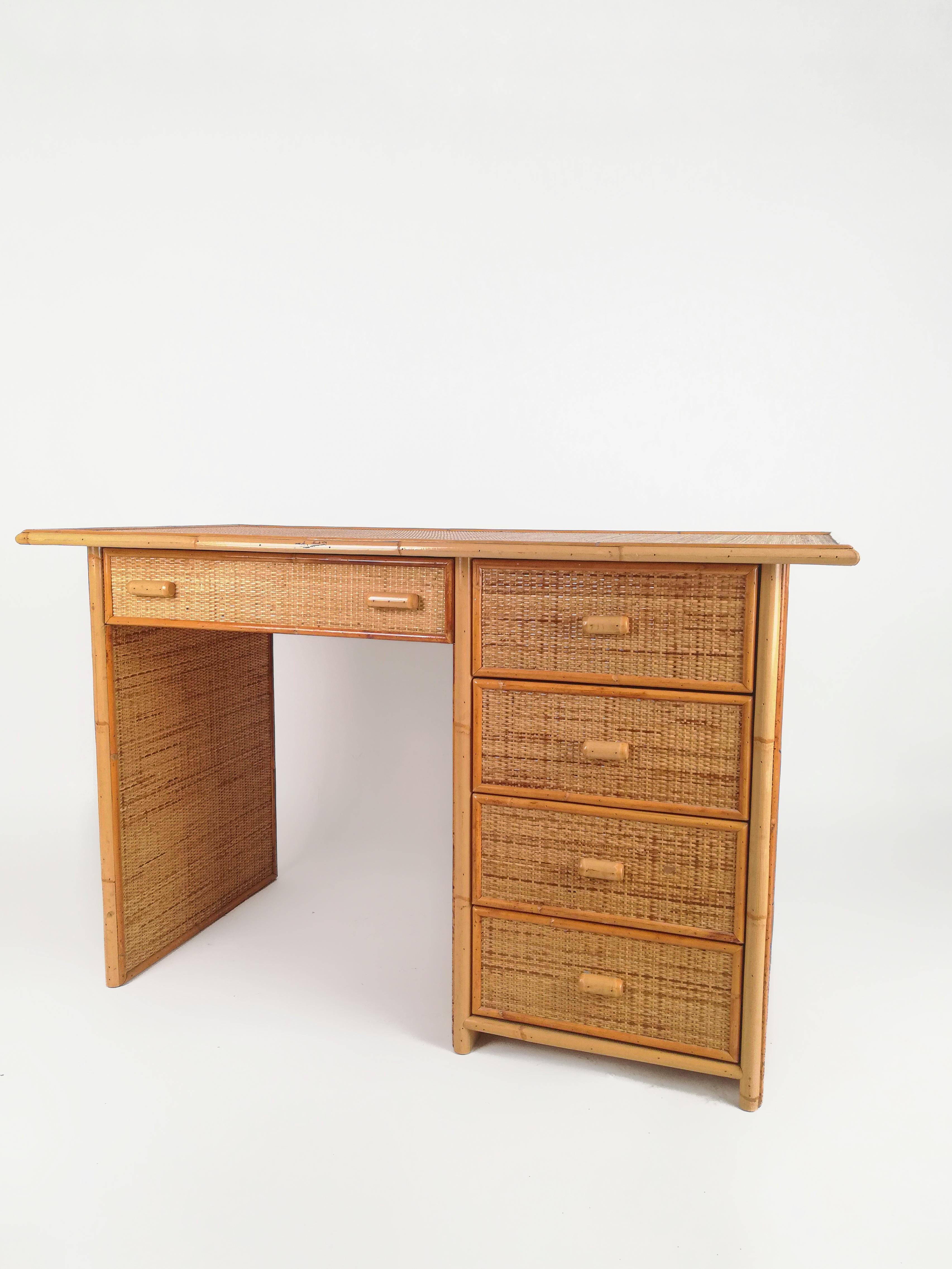 Vintage Italian Writing Desk with Drawers in Bamboo, Rattan and Plywood, 1970s For Sale 7