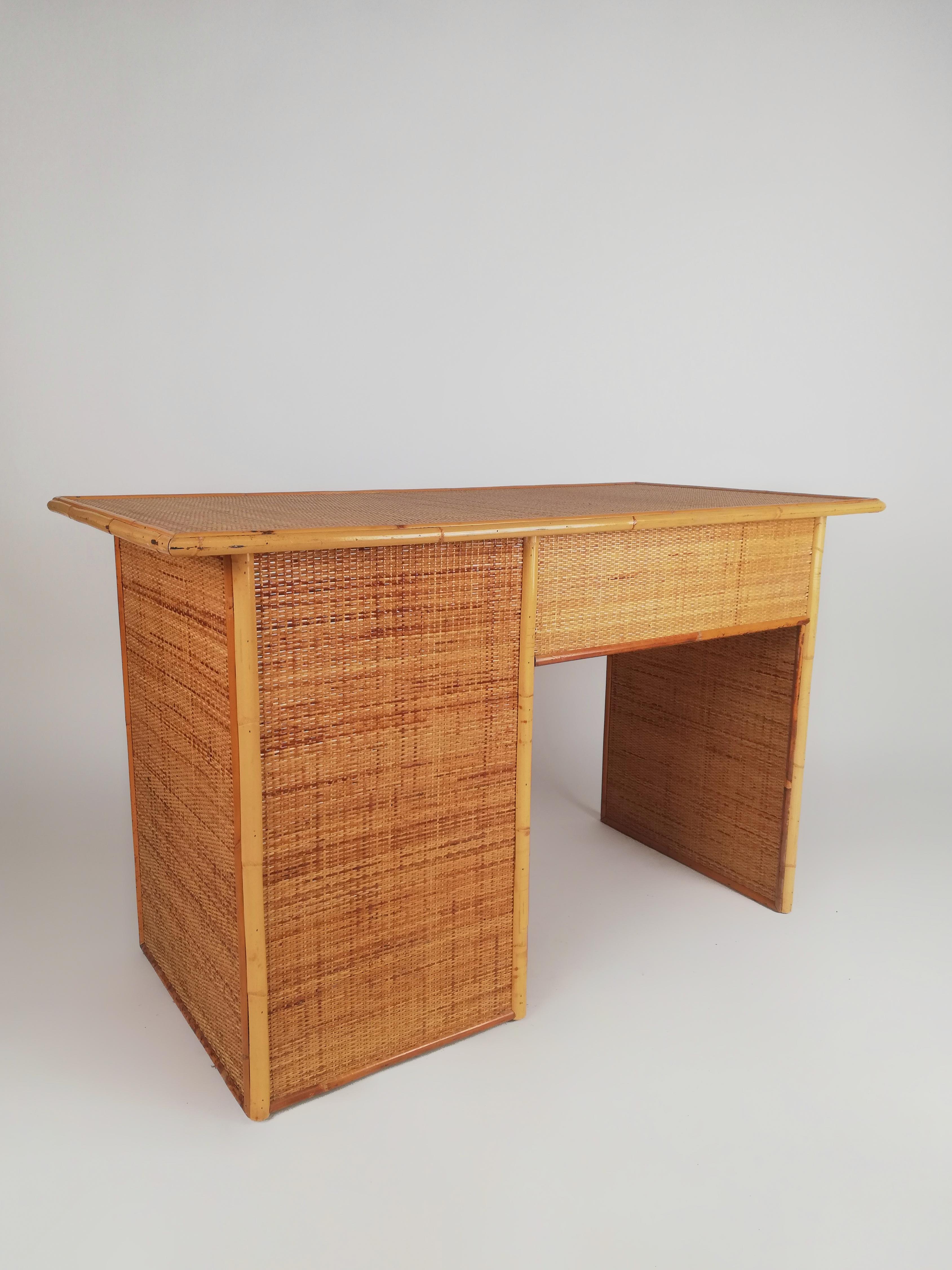 Vintage Italian Writing Desk with Drawers in Bamboo, Rattan and Plywood, 1970s For Sale 8