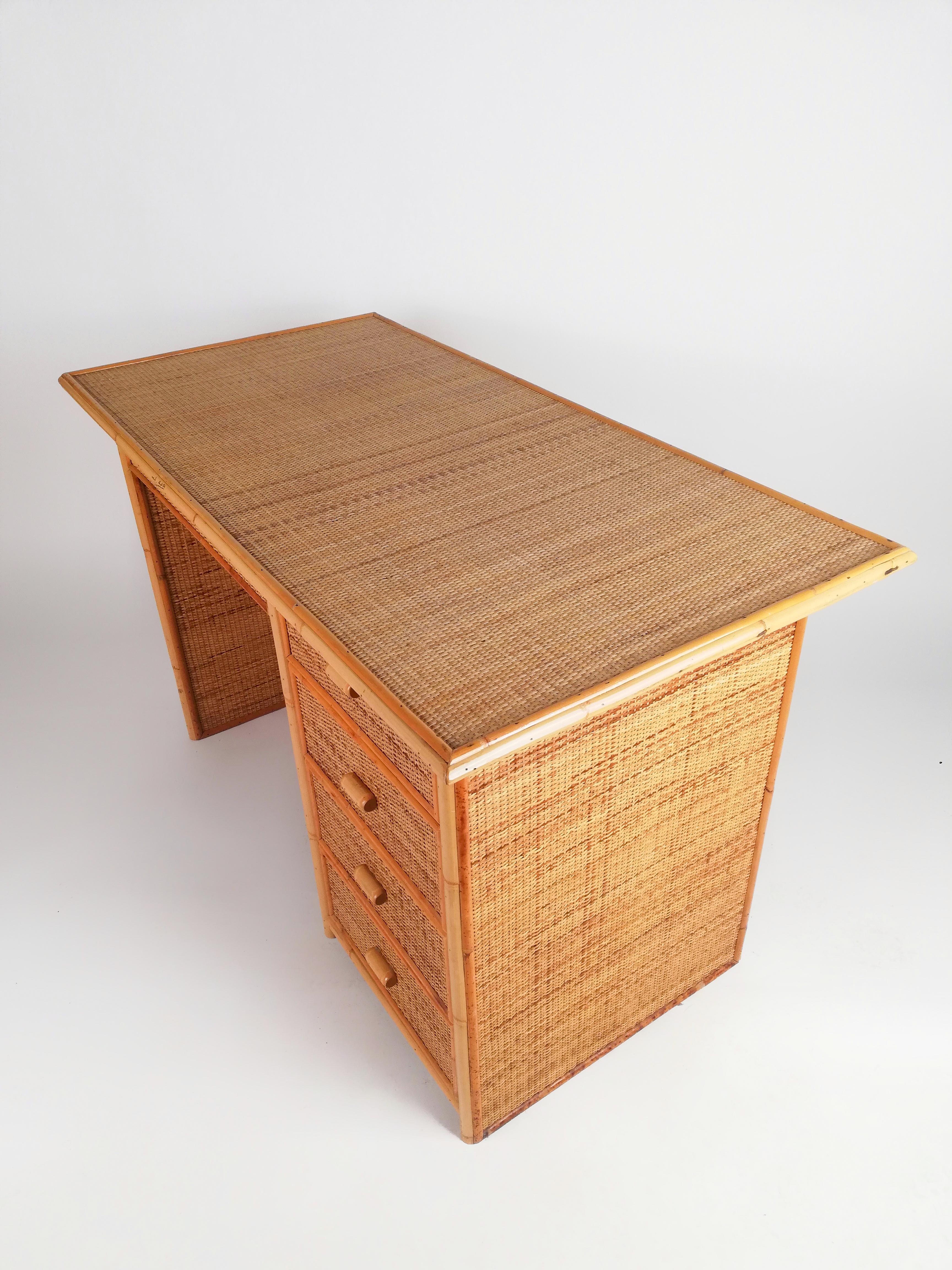 Vintage Italian Writing Desk with Drawers in Bamboo, Rattan and Plywood, 1970s For Sale 9