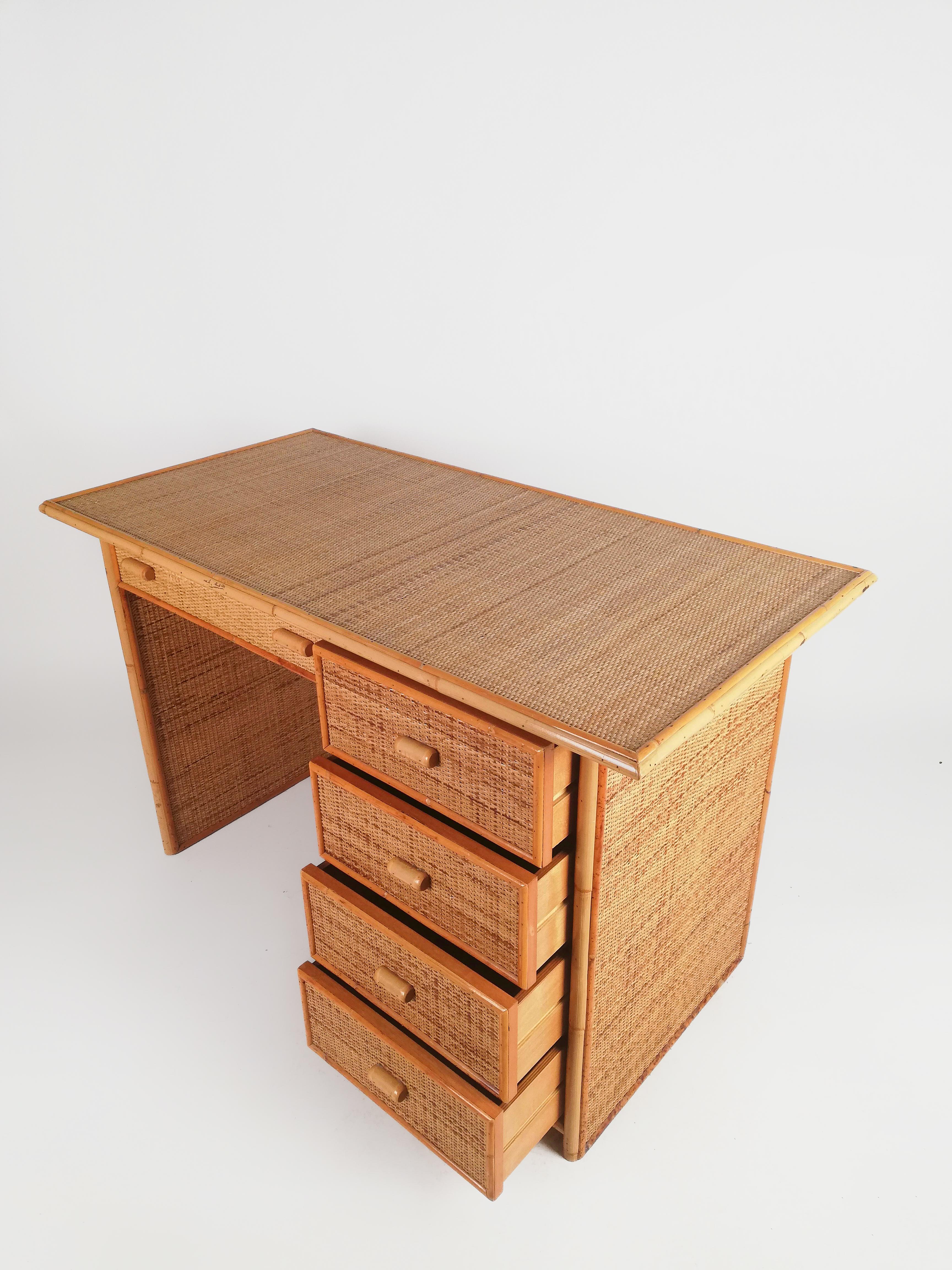 Vintage Italian Writing Desk with Drawers in Bamboo, Rattan and Plywood, 1970s For Sale 10