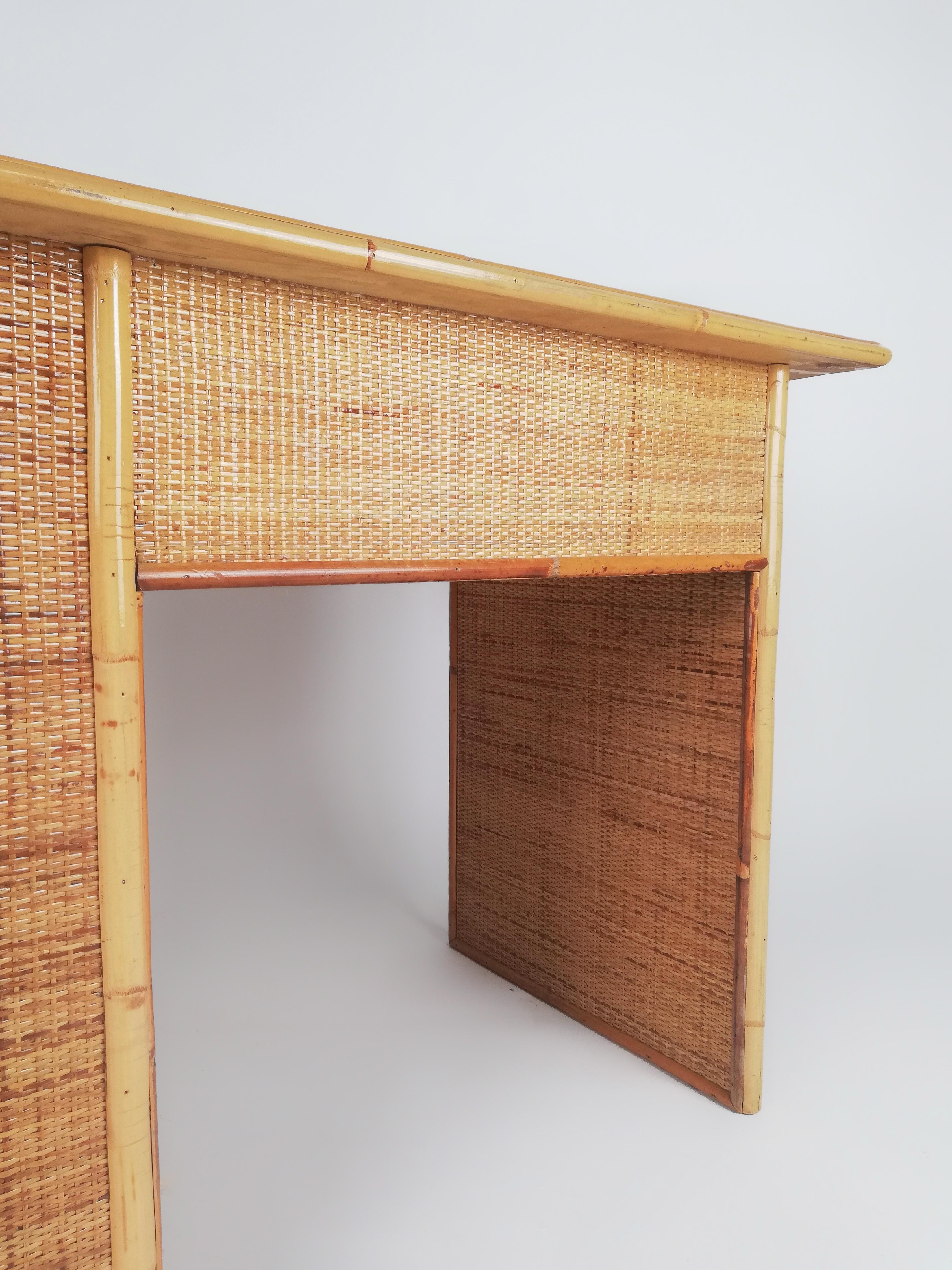 Vintage Italian Writing Desk with Drawers in Bamboo, Rattan and Plywood, 1970s For Sale 11