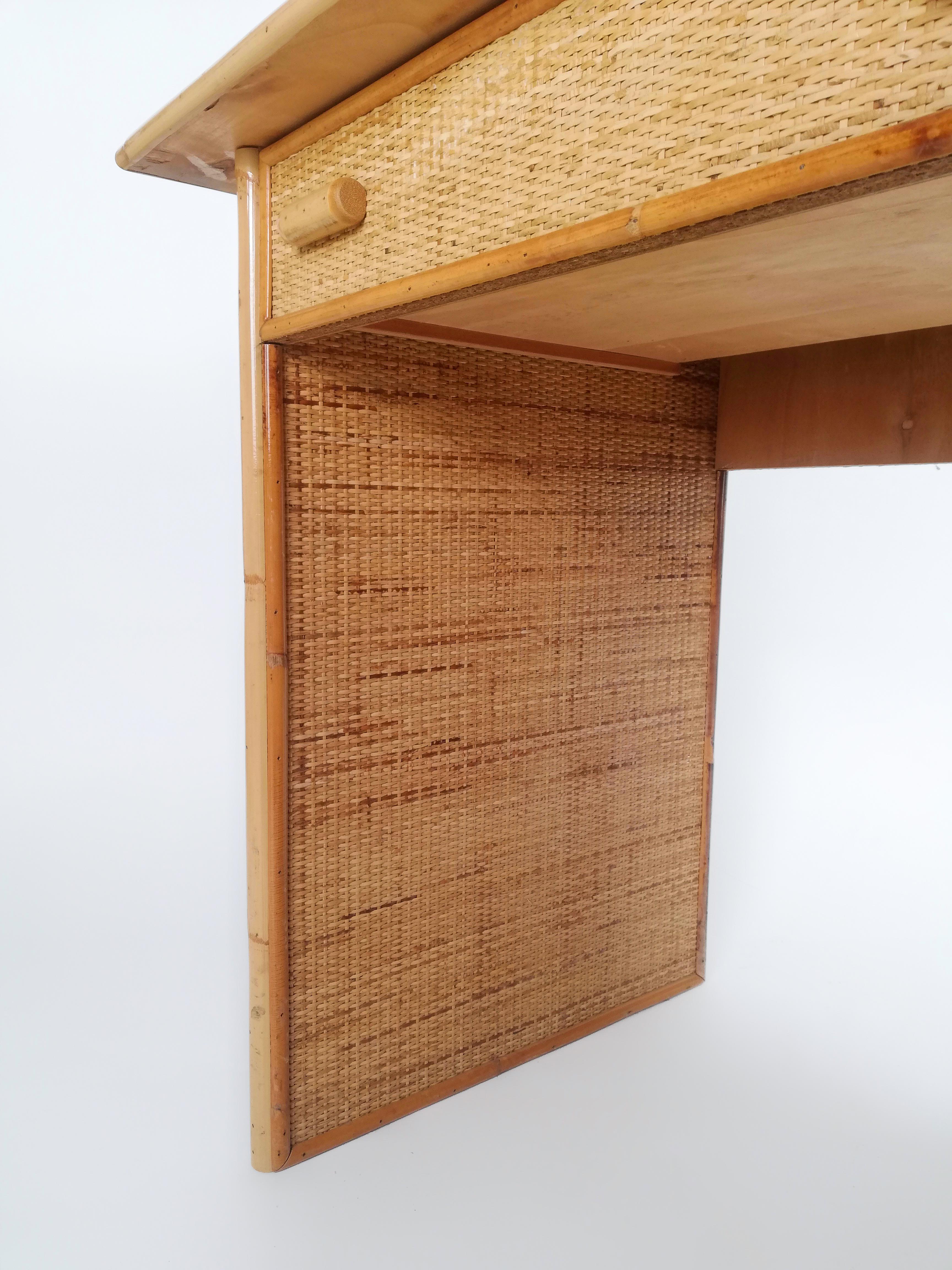 Vintage Italian Writing Desk with Drawers in Bamboo, Rattan and Plywood, 1970s For Sale 12