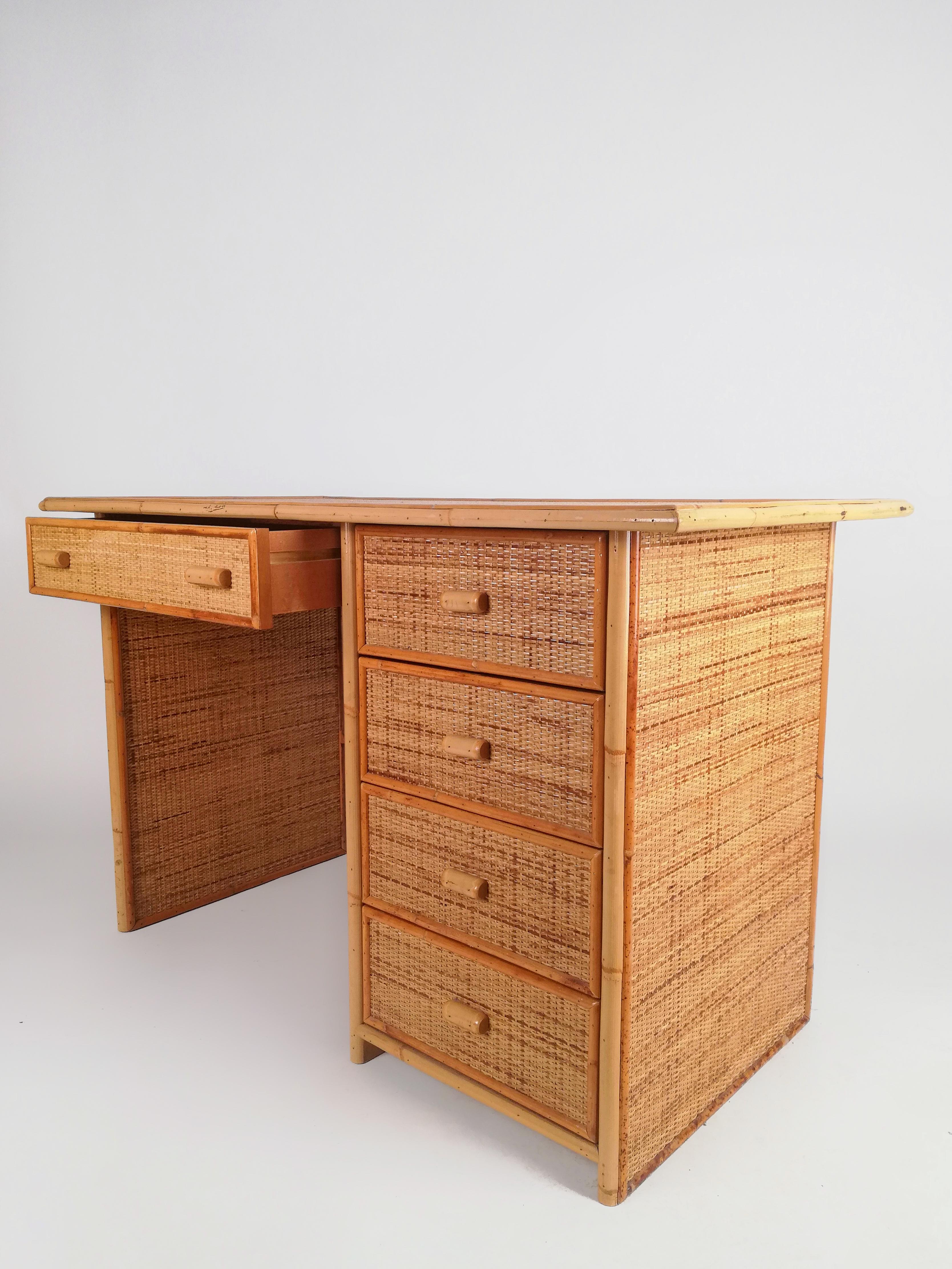 20th Century Vintage Italian Writing Desk with Drawers in Bamboo, Rattan and Plywood, 1970s For Sale