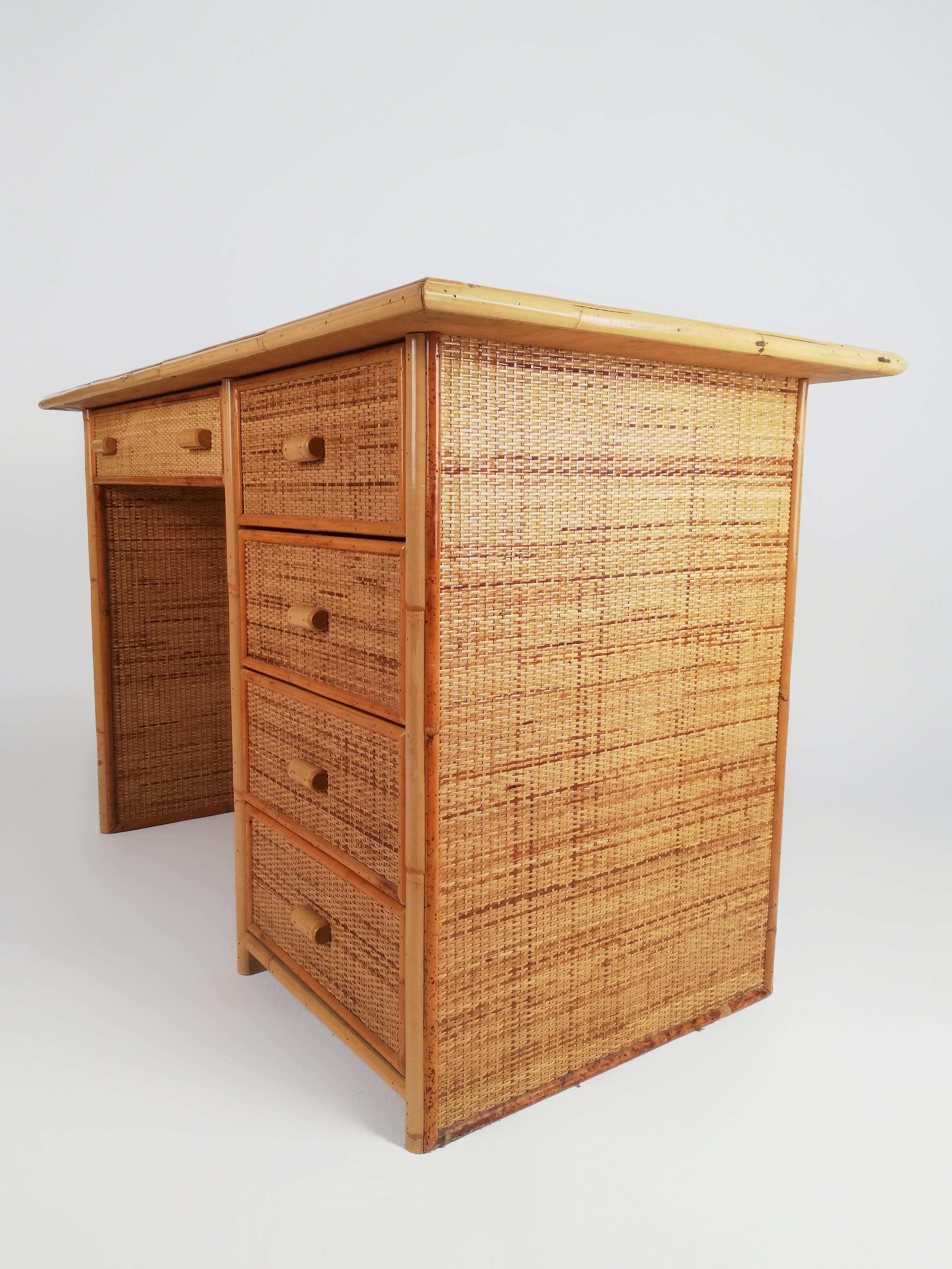 Vintage Italian Writing Desk with Drawers in Bamboo, Rattan and Plywood, 1970s For Sale 1