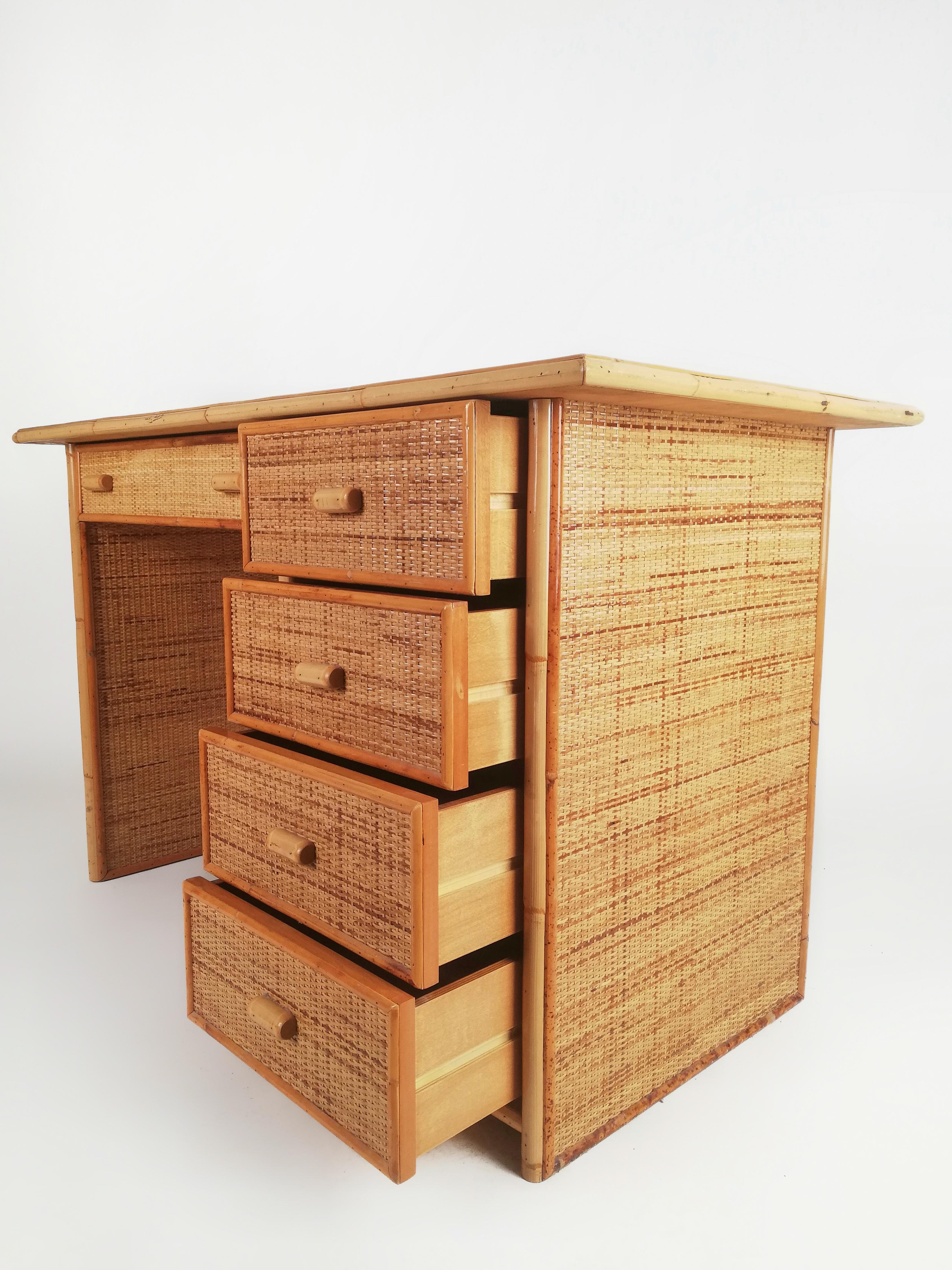 Vintage Italian Writing Desk with Drawers in Bamboo, Rattan and Plywood, 1970s For Sale 2