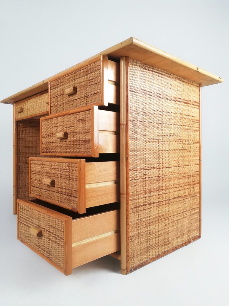 Vintage Italian Writing Desk with Drawers in Bamboo, Rattan and Plywood