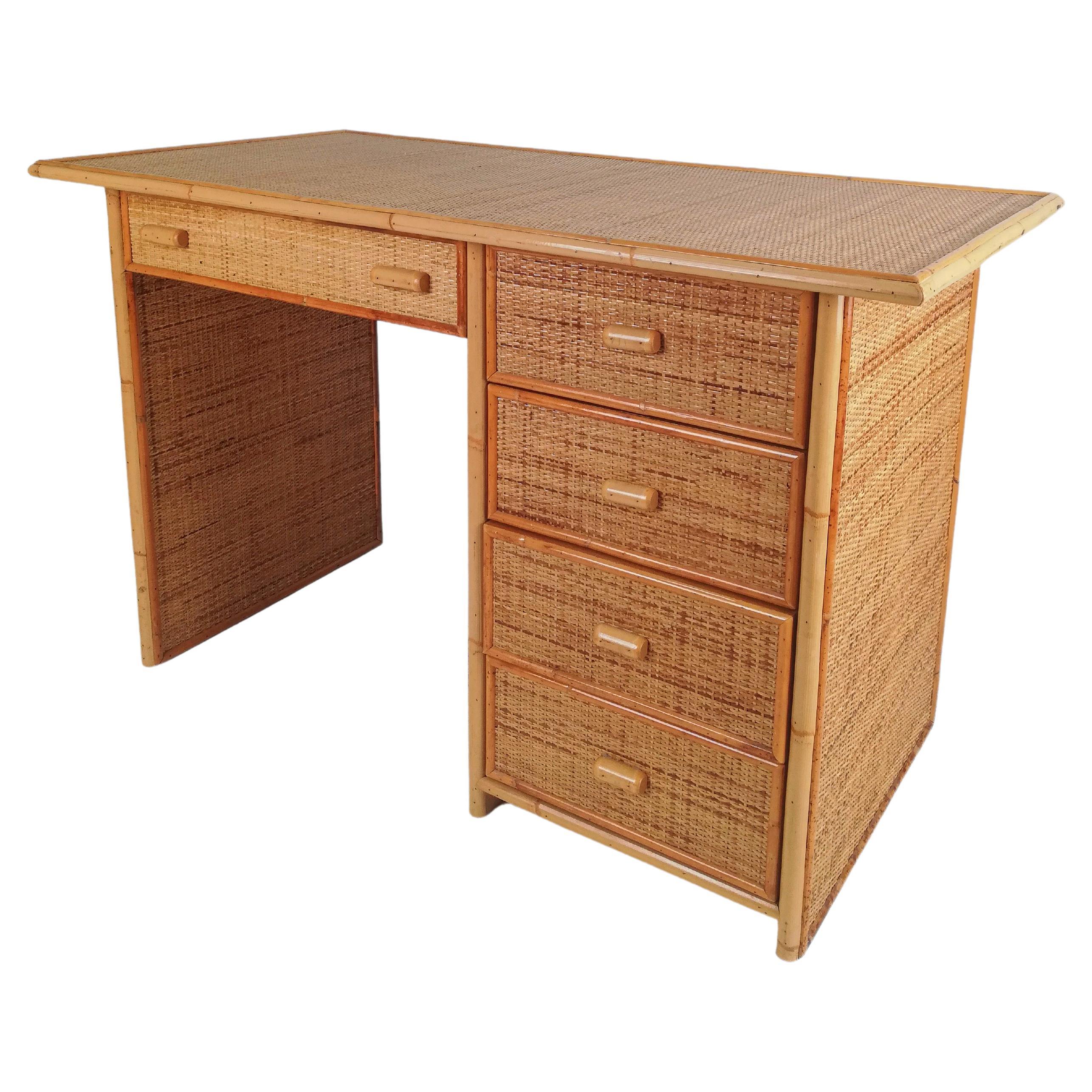 Vintage Italian Writing Desk with Drawers in Bamboo, Rattan and Plywood, 1970s For Sale