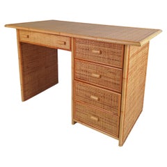 Vintage Italian Writing Desk with Drawers in Bamboo, Rattan and Plywood, 1970s