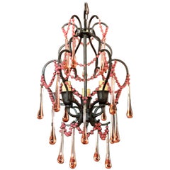 Antique Italian Wrought Iron and Rose Drop Crystal Diminutive Tiered Chandelier
