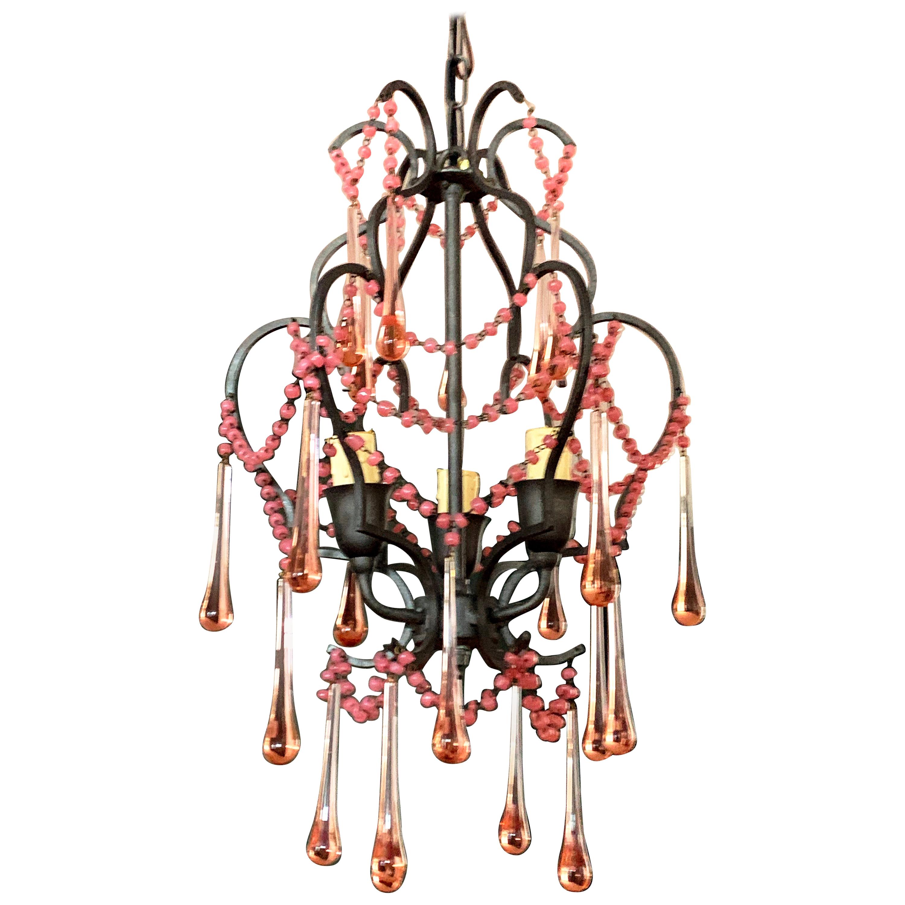 Vintage Italian Wrought Iron and Rose Drop Crystal Diminutive Tiered Chandelier For Sale