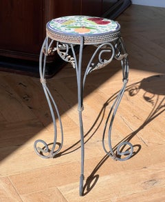 Vintage Italian wrought iron pedestal with ceramic fruit tile, 20th century
