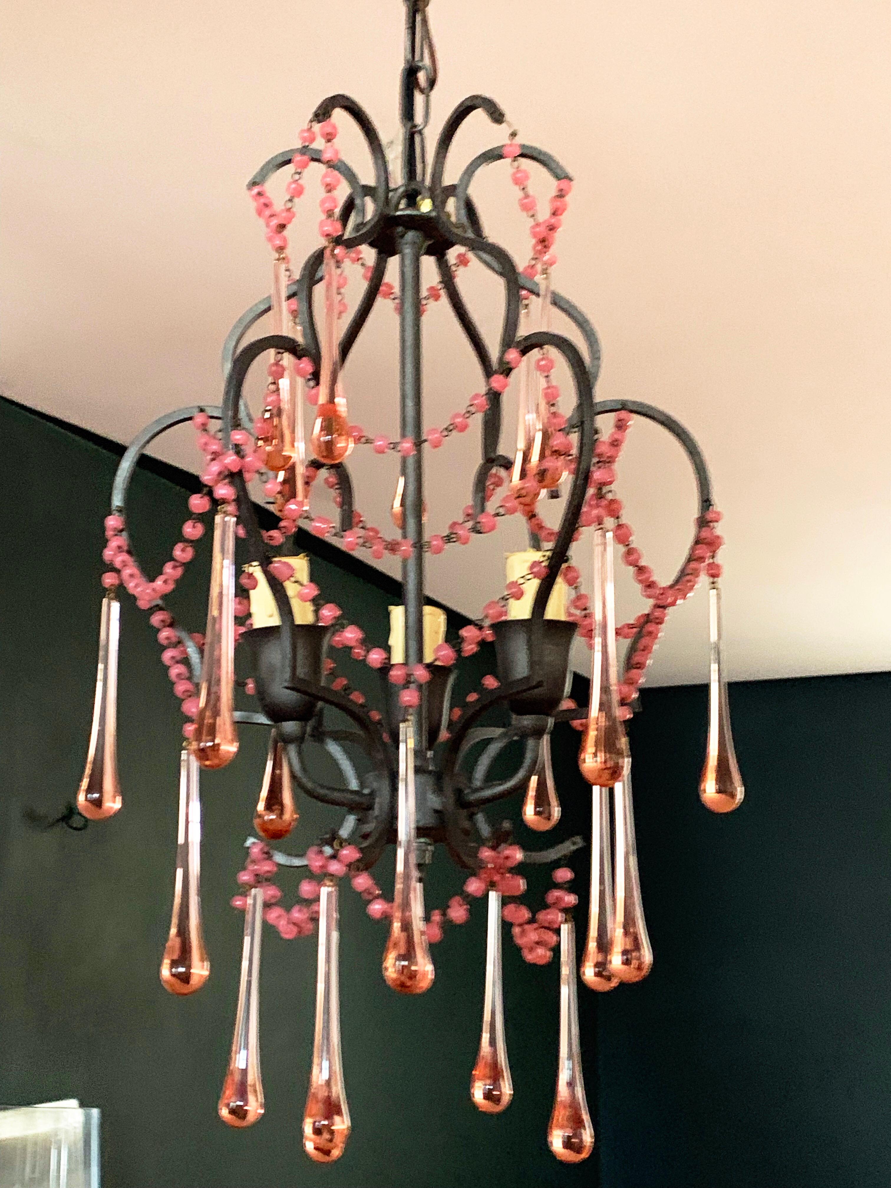 Vintage Italian Wrought Iron and Rose Drop Crystal Diminutive Tiered Chandelier In Good Condition In Brooklyn, NY
