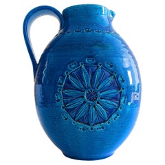 Bitossi Aldo Londi Rimini Blu Signed XL Ceramic Pitcher , Italy 1960s
