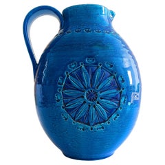 Vintage Italian XL Bitossi by Aldo Londi Rimini Blu Ceramic Pitcher, 1960s