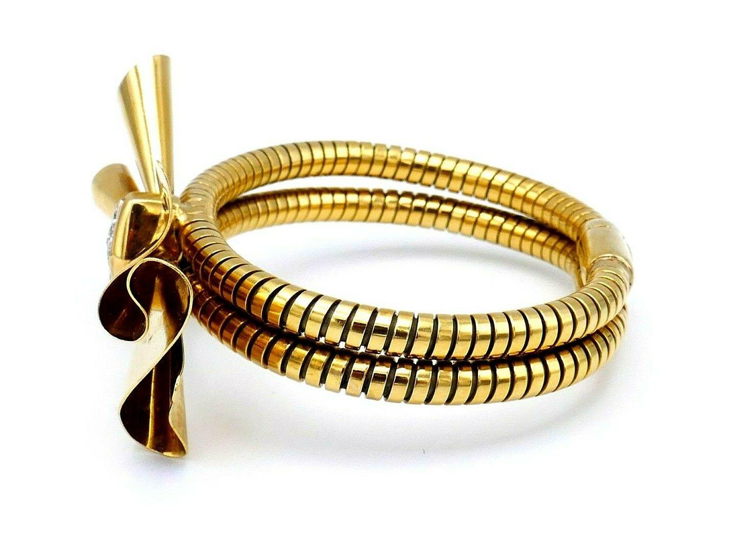 Old European Cut Vintage Italian Yellow Gold Diamond Tubogas Bow Bracelet
