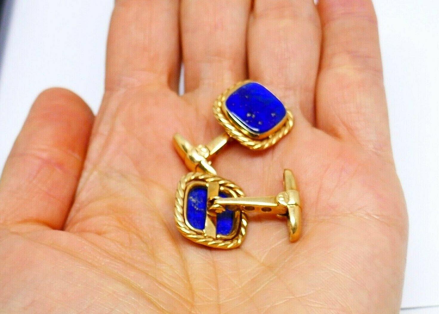 Vintage Italian Yellow Gold Lapis Square Unisex Cufflinks 5