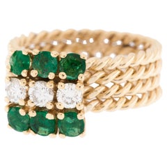 Vintage Italian Yellow Gold Ring with Emeralds and Diamonds