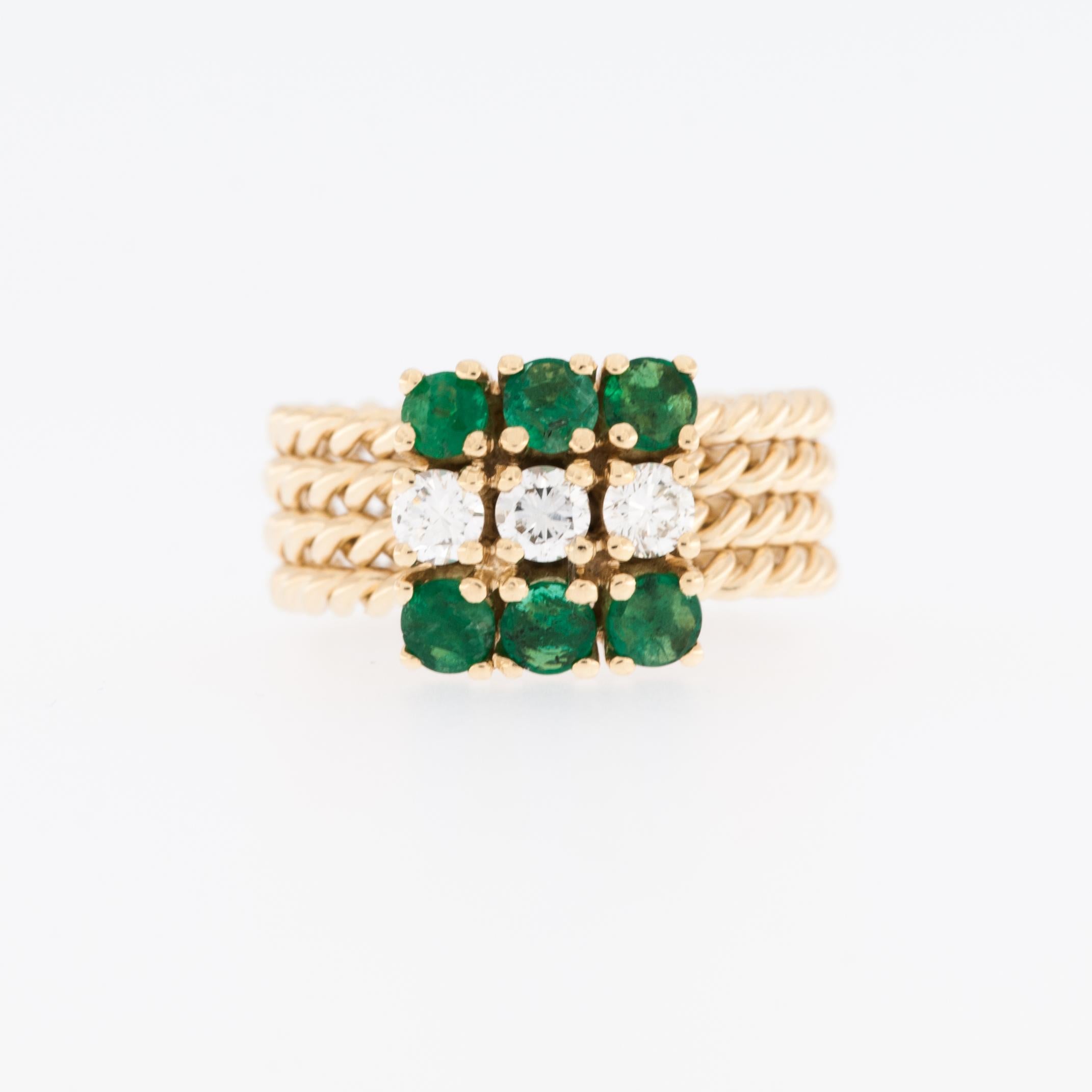 Artisan Vintage Italian Yellow Gold Ring with Emeralds and Diamonds  For Sale