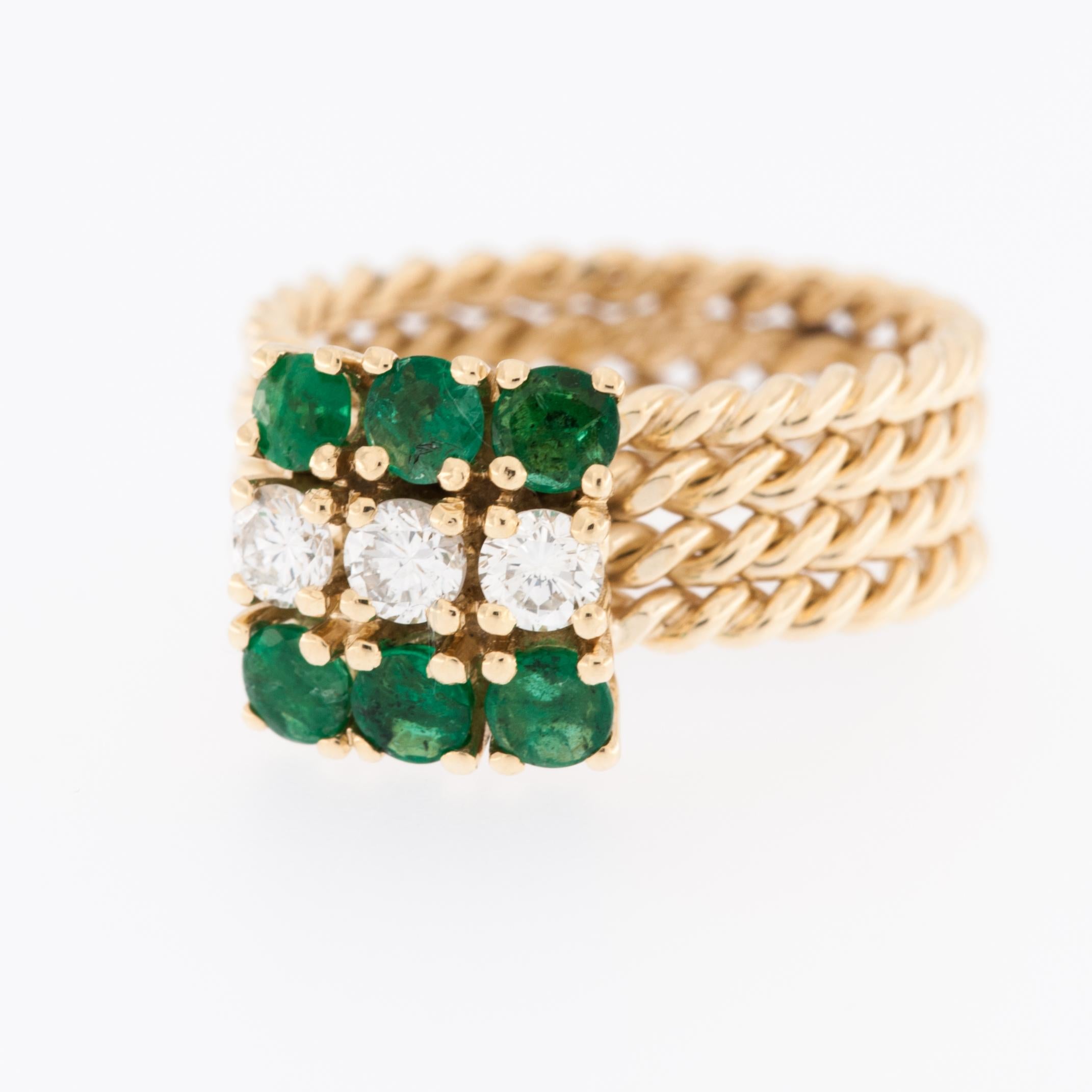 Brilliant Cut Vintage Italian Yellow Gold Ring with Emeralds and Diamonds  For Sale