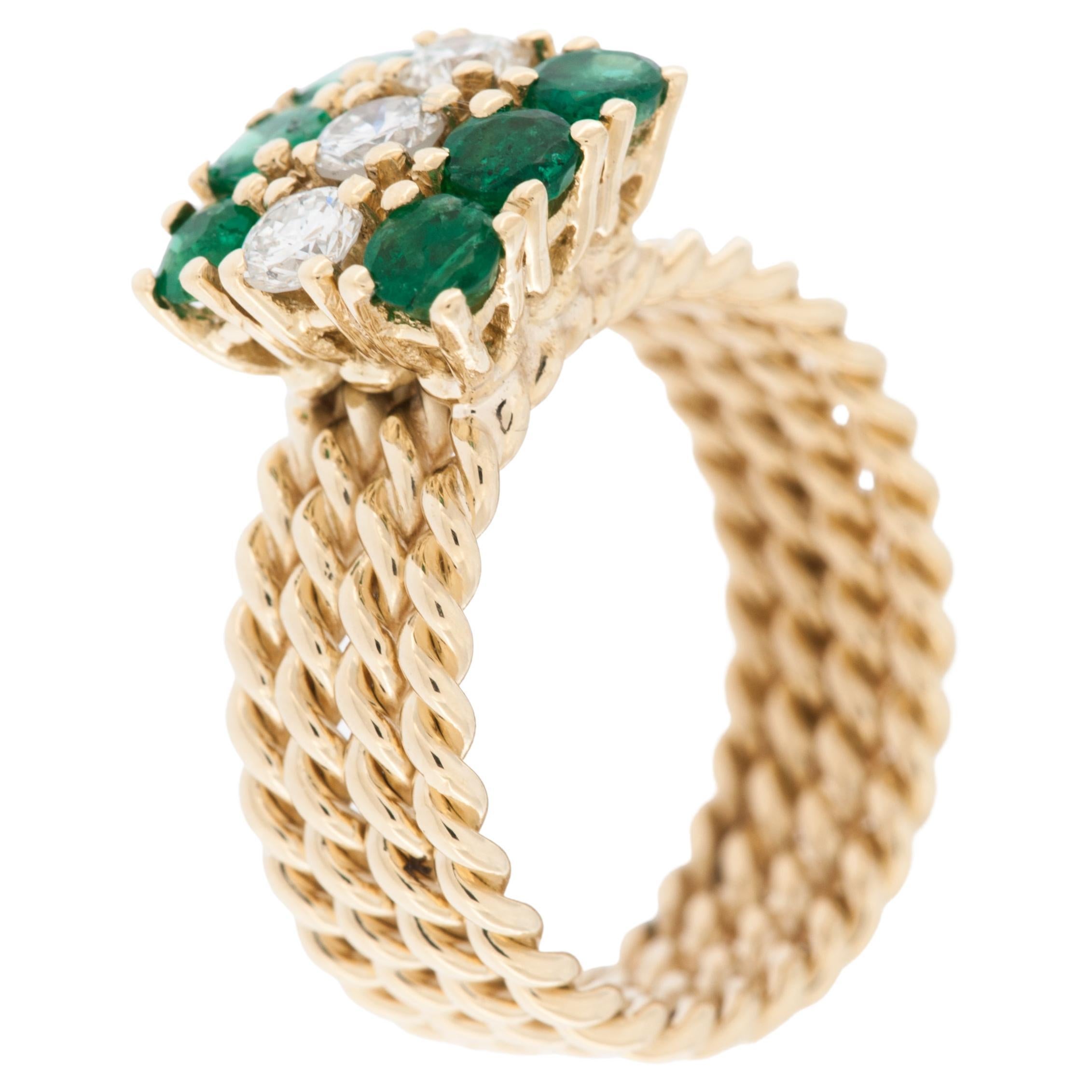 Vintage Italian Yellow Gold Ring with Emeralds and Diamonds  For Sale