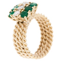 Retro Italian Yellow Gold Ring with Emeralds and Diamonds 