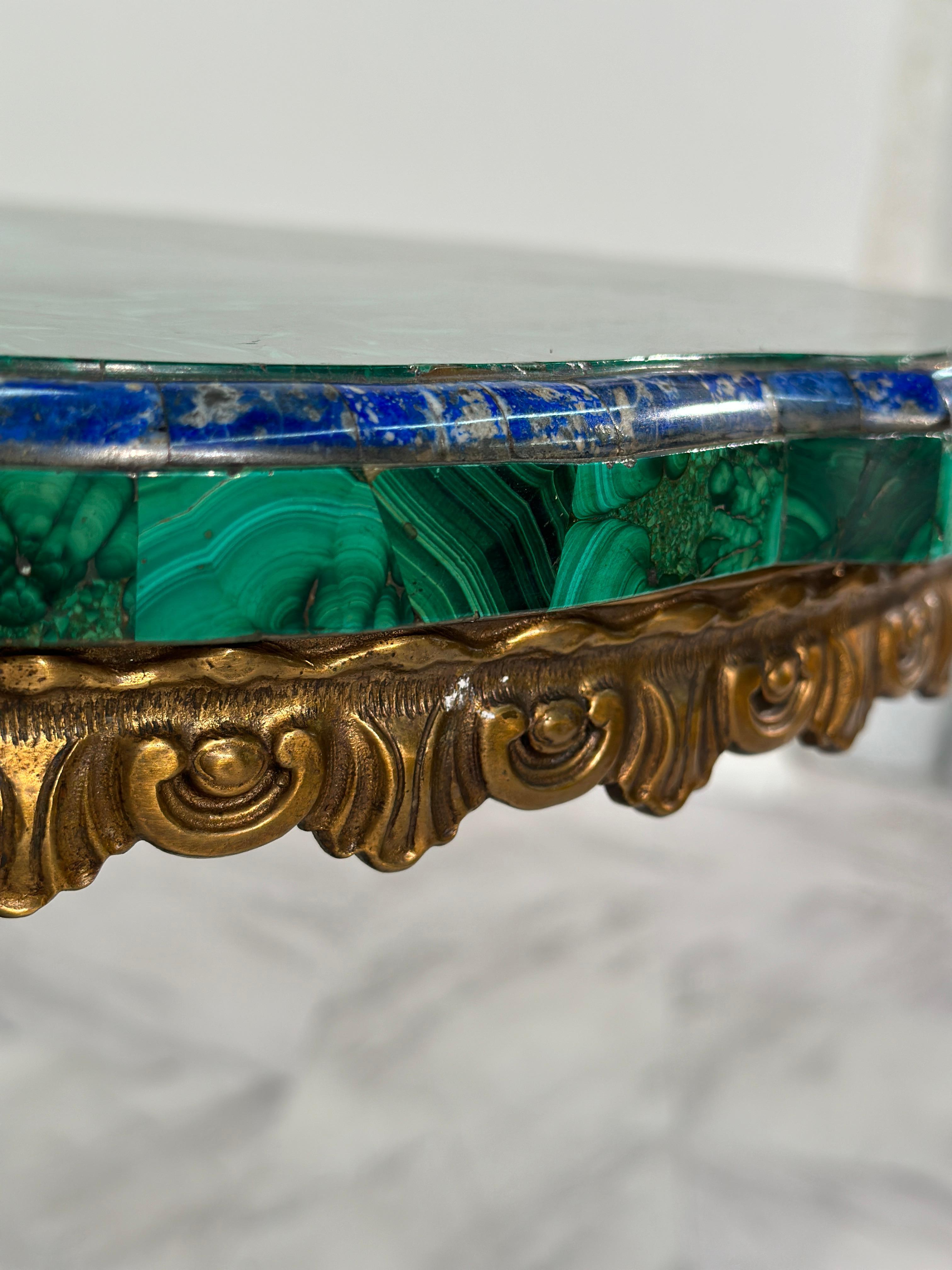 Mid-Century Modern Vintage ItalianBrass and Malachite Stone Side Table 1940s For Sale