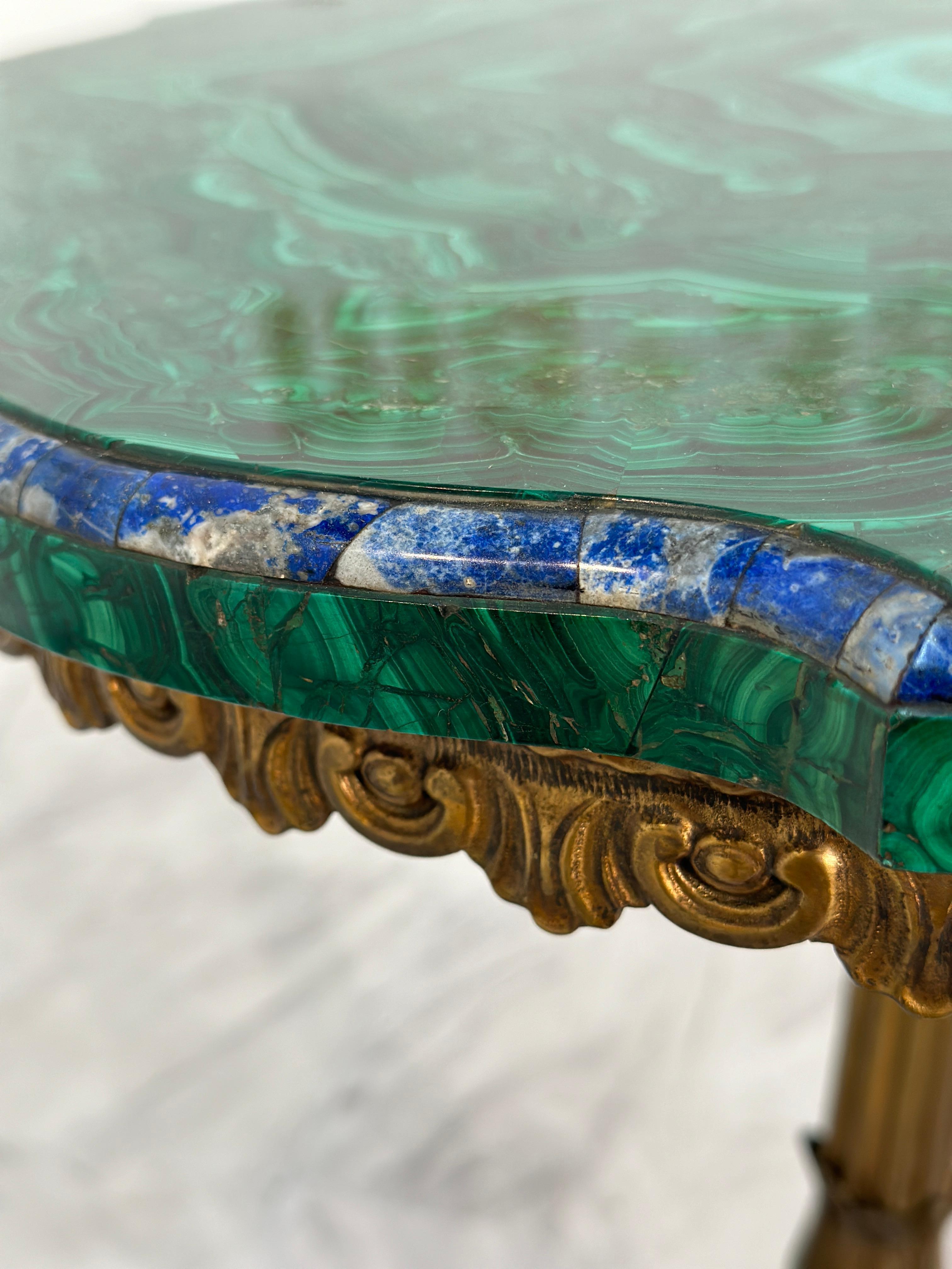 Mid-20th Century Vintage ItalianBrass and Malachite Stone Side Table 1940s For Sale
