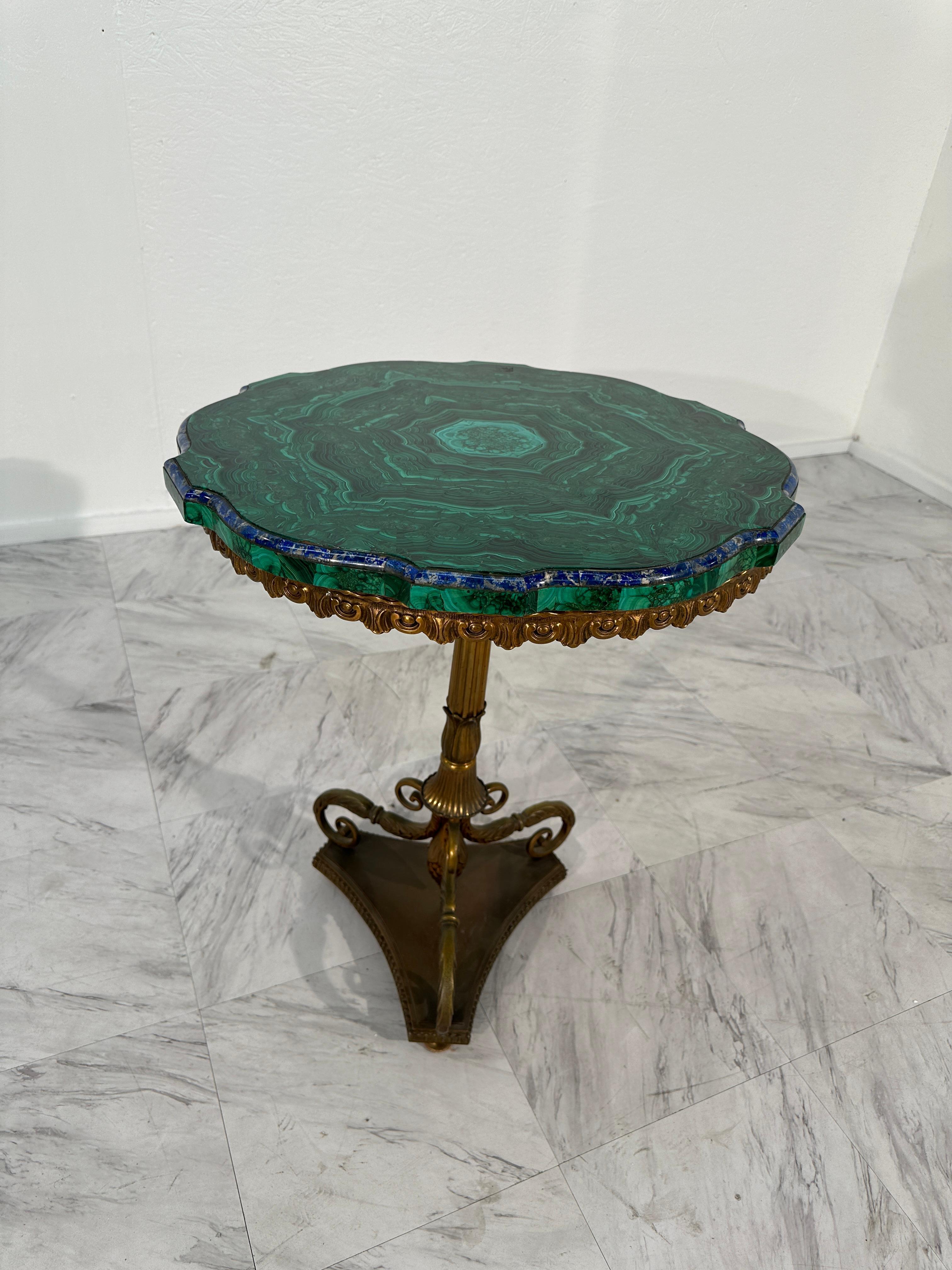 Vintage ItalianBrass and Malachite Stone Side Table 1940s For Sale 2