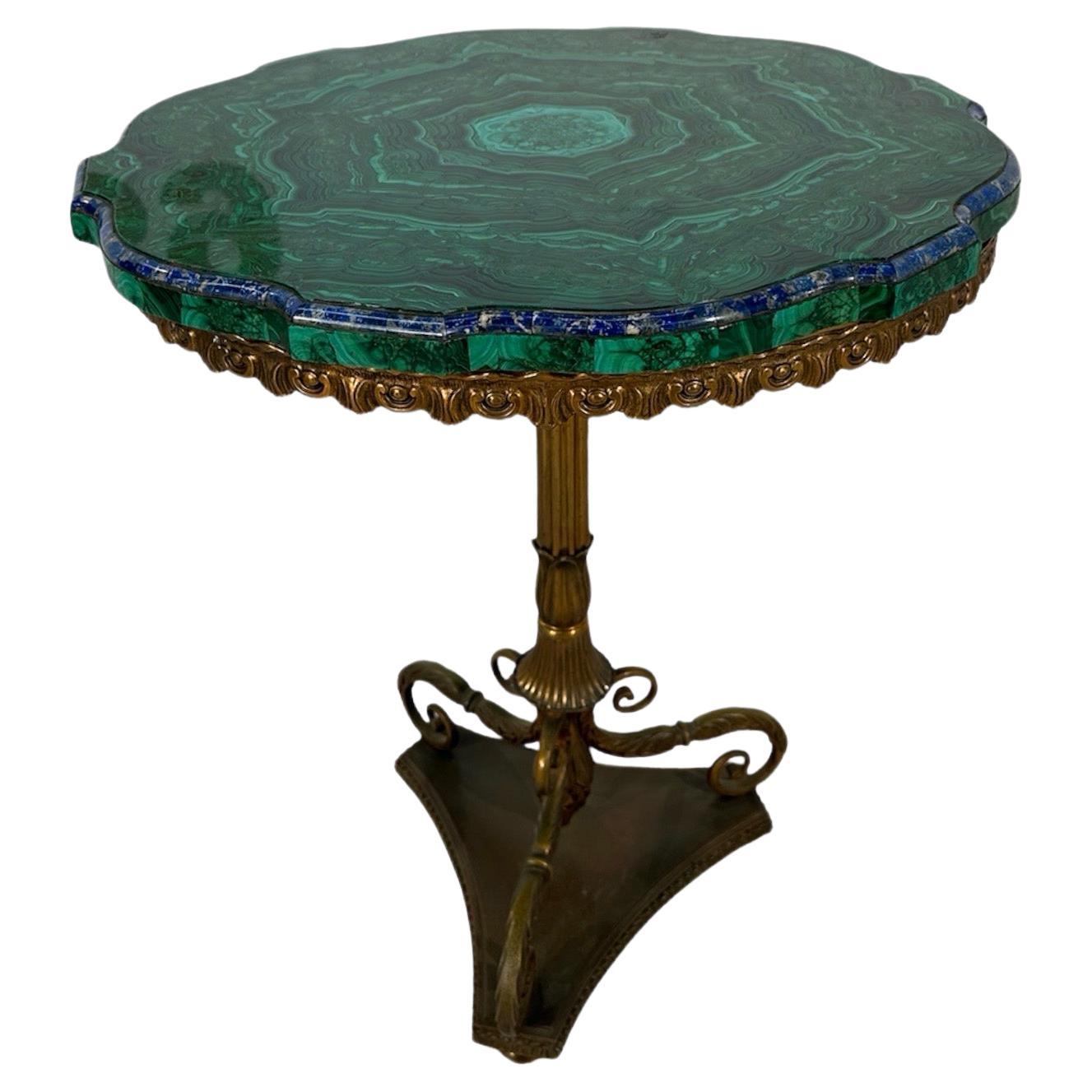 Vintage ItalianBrass and Malachite Stone Side Table 1940s For Sale