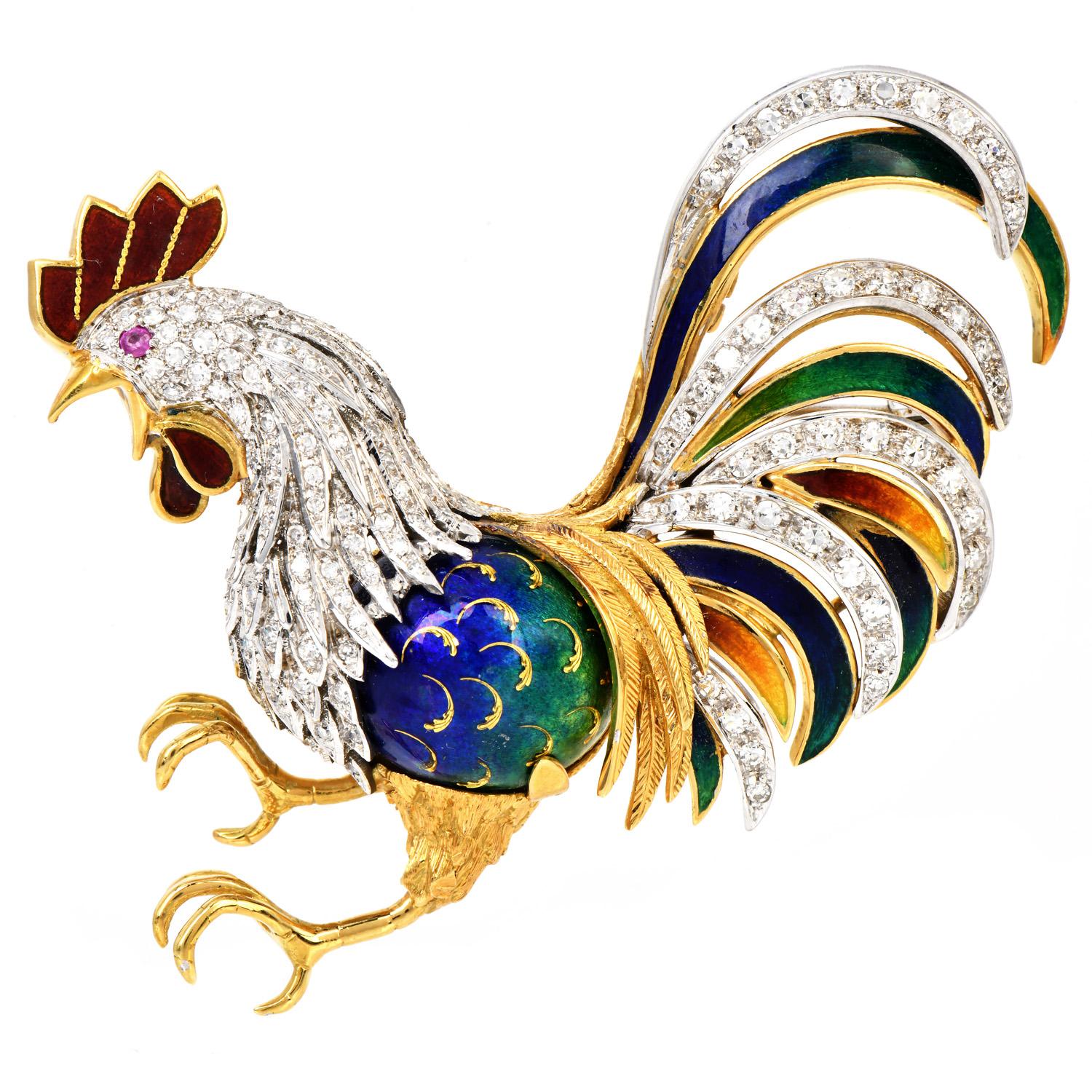 This charming vintage retro pin displays a rooster animal crafted in solid 18K Yellow & White Gold.  It is adorned with some 90 genuine round cut genuine diamonds approx: 1.75 carats, G-H color, VS clarity set in solid white gold, prong set,

and