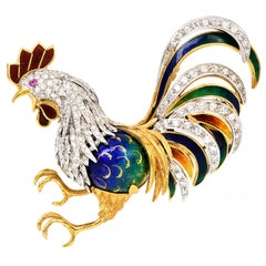 Vintage Itallian Retro Diamond Ruby Enamel 18k Gold Rooster Pin Brooch