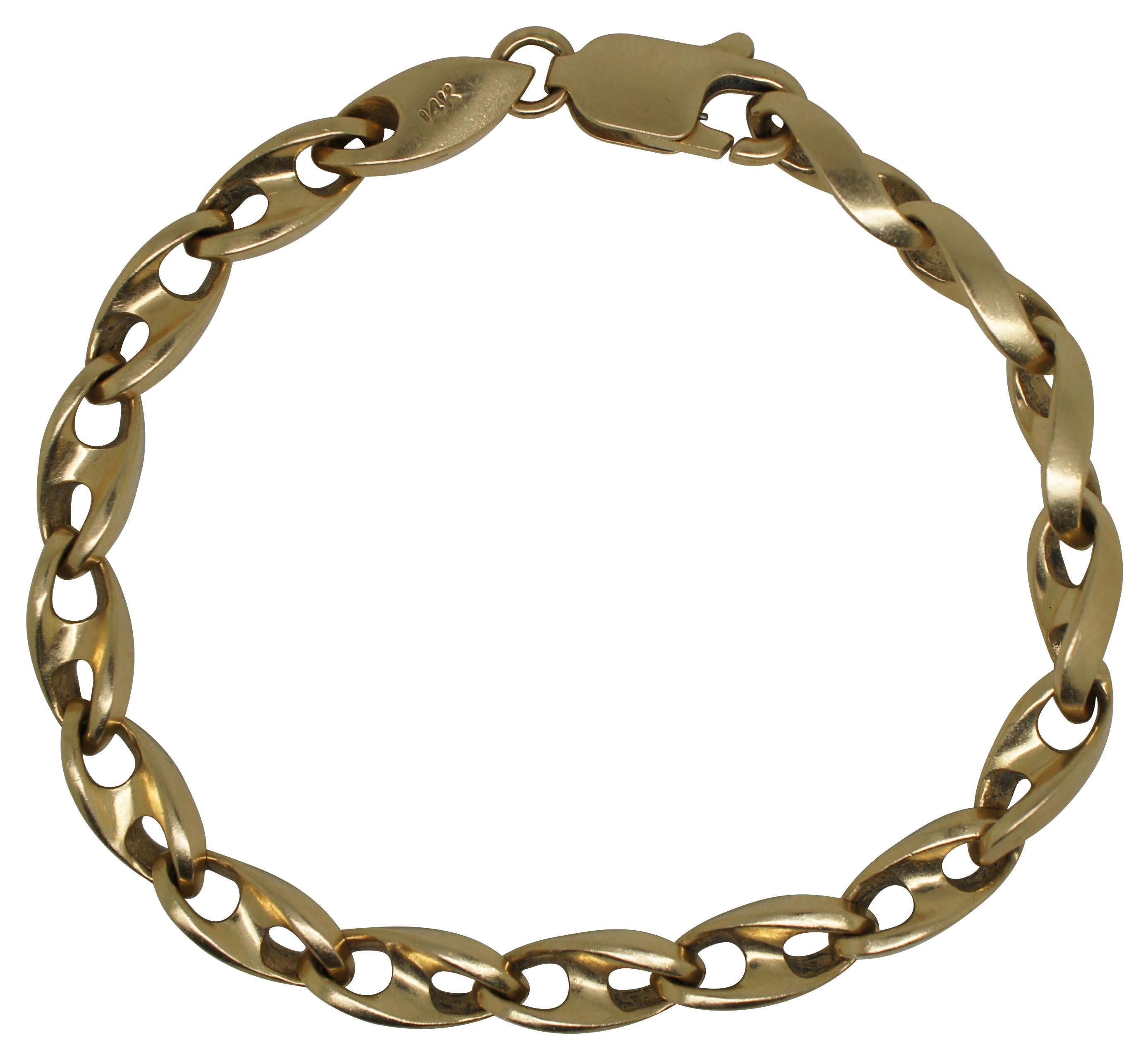 Vintage 14k / 585 (58.5% gold) yellow gold 6.35mm wide barleycorn chain bracelet with lobster claw clasp. Made in Italy.

Measures: 7.5” x 0.25” (Length x Width) / 21.4 g.