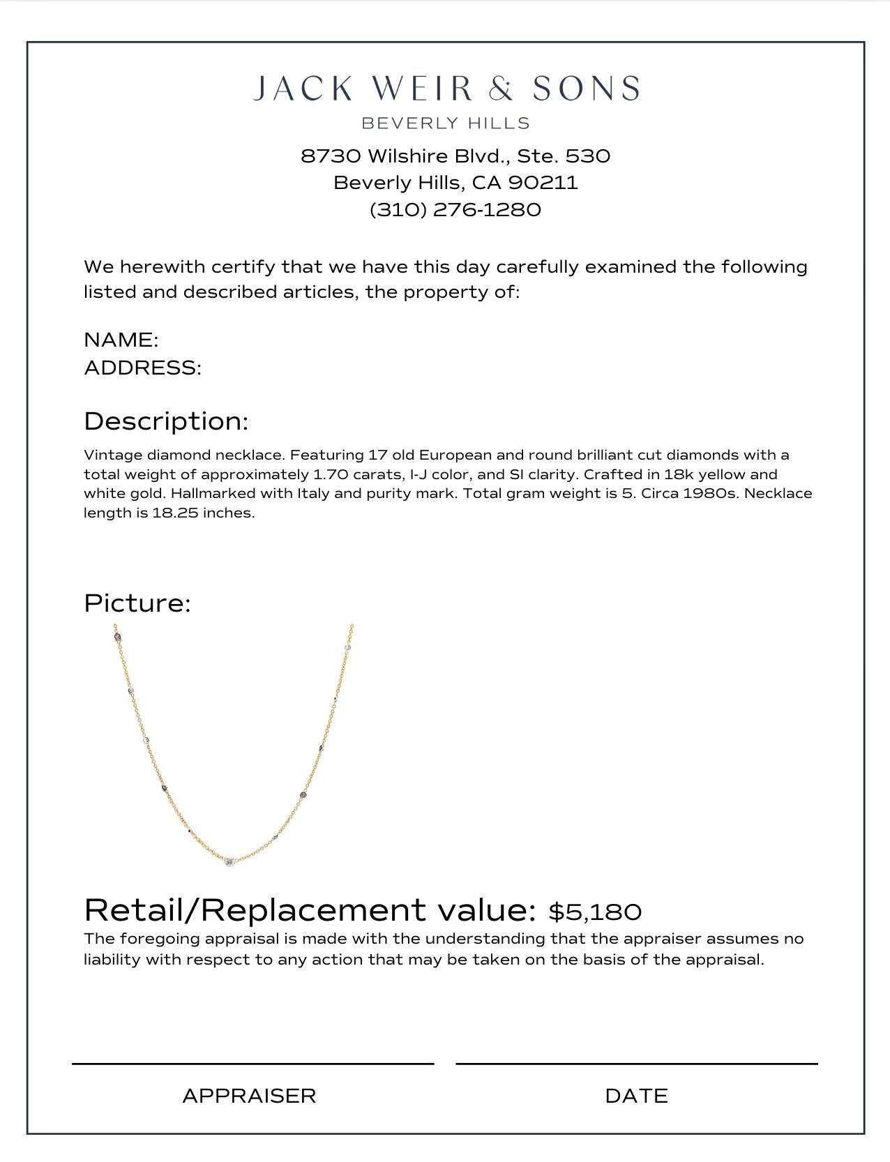 Vintage Italy 1.70 carat total weight diamond 18k gold by the yard necklace In Excellent Condition In Beverly Hills, CA