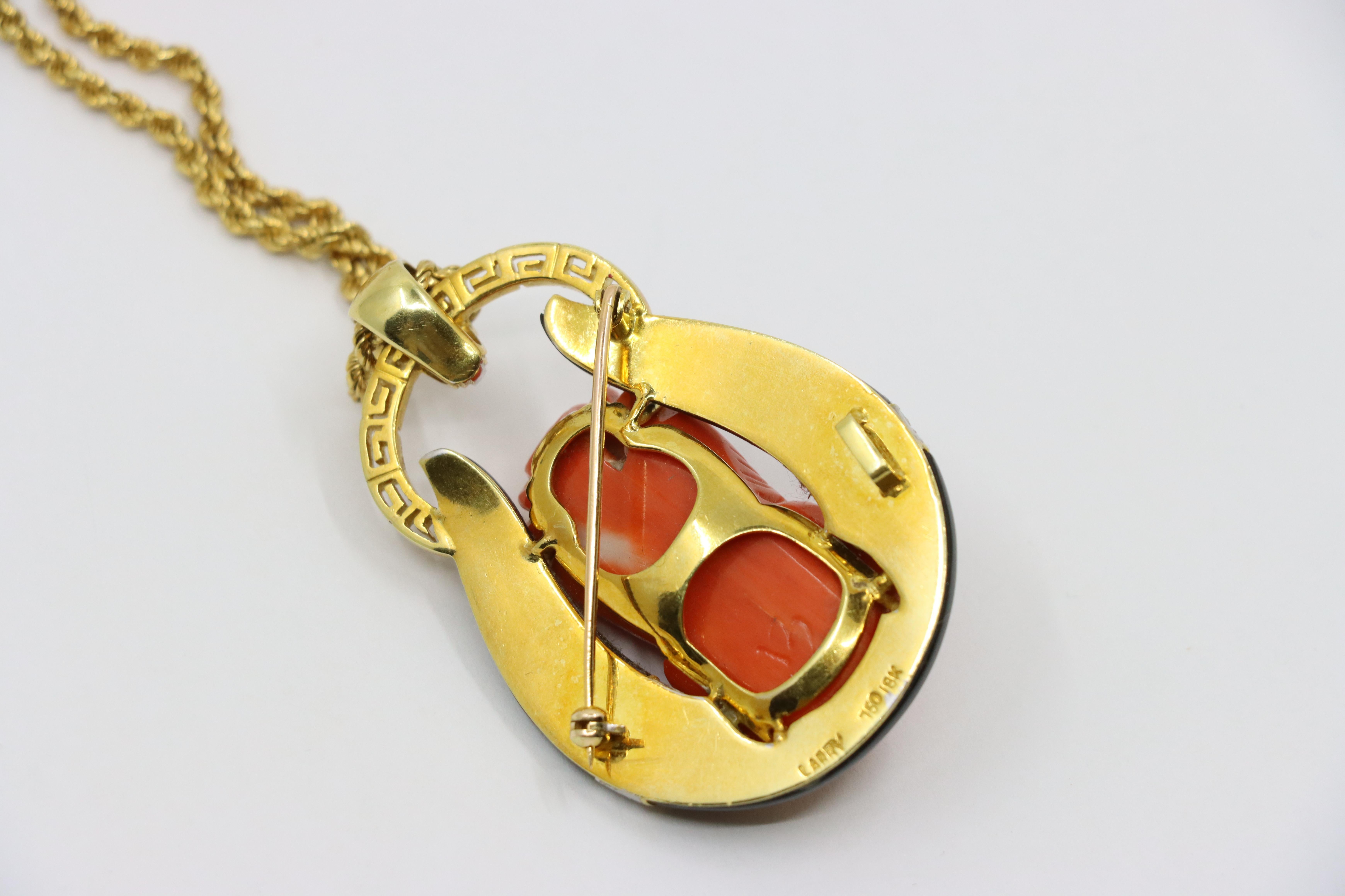 Vintage Italy 18K Gold Buddha Coral Diamond Pendant Necklace For Sale 5