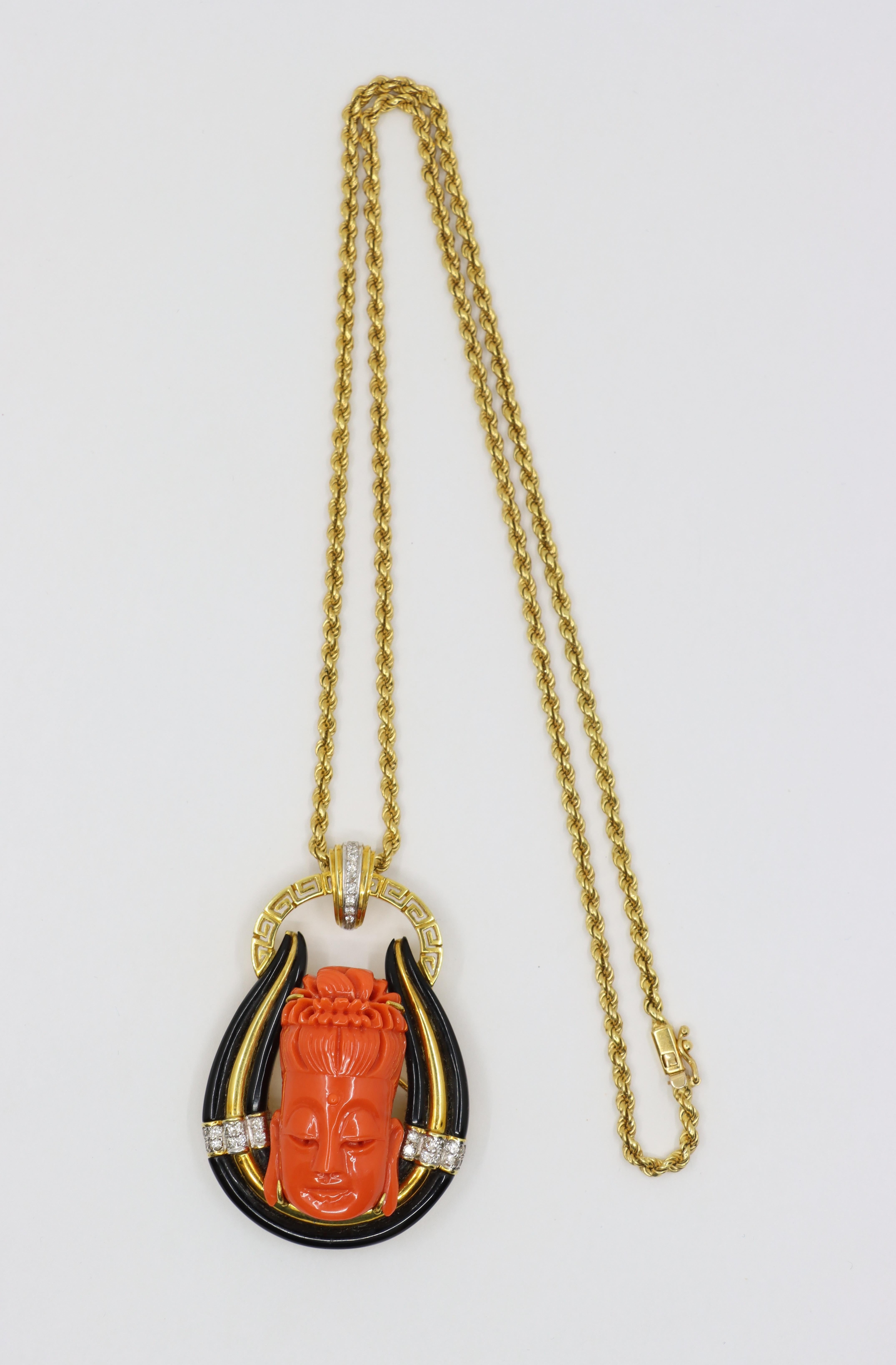 Vintage Italy 18K Gold Buddha Coral Diamond Pendant Necklace For Sale 6