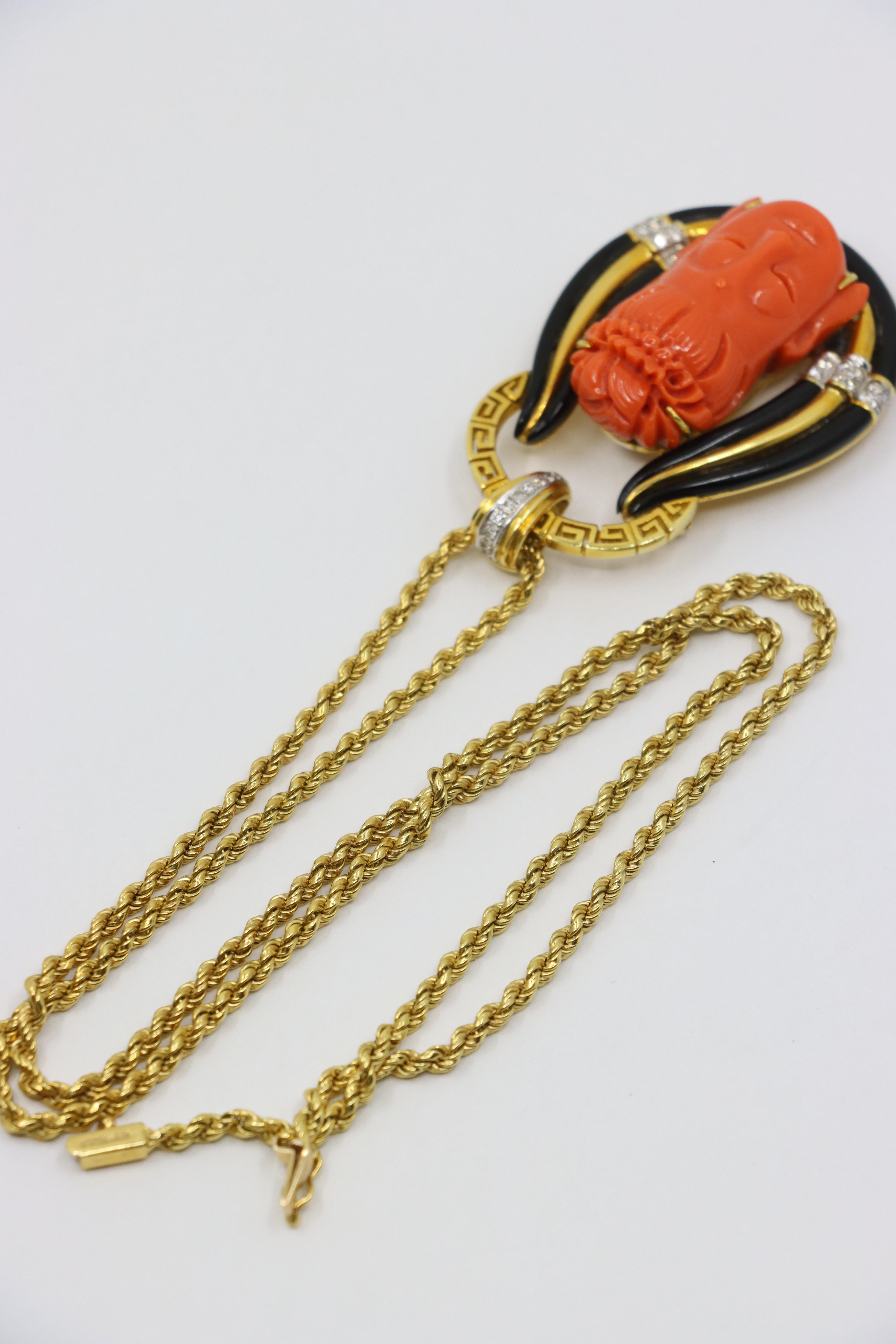 Vintage Italy 18K Gold Buddha Coral Diamond Pendant Necklace For Sale 9