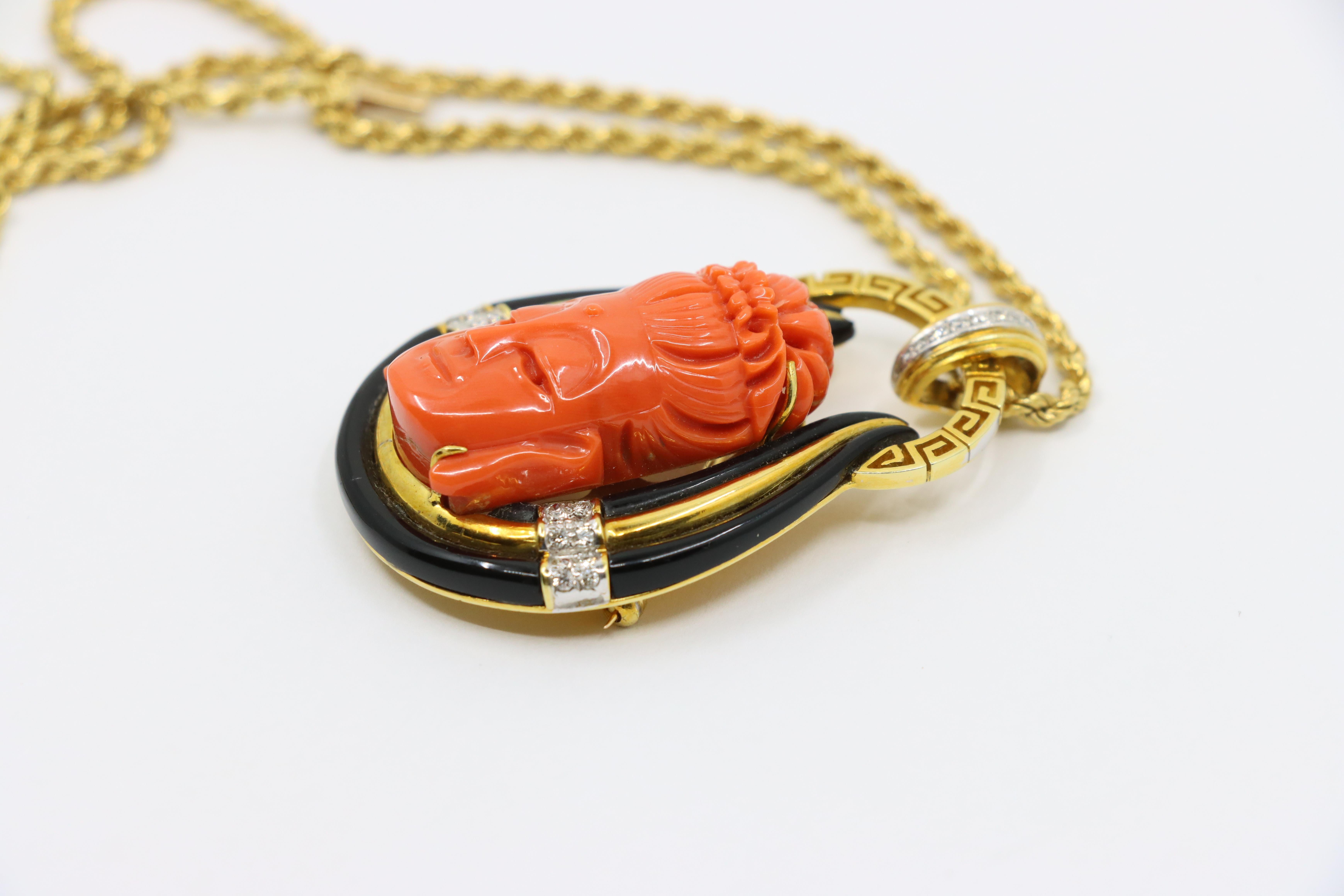 Vintage Italy 18K Gold Buddha Coral Diamond Pendant Necklace For Sale 10